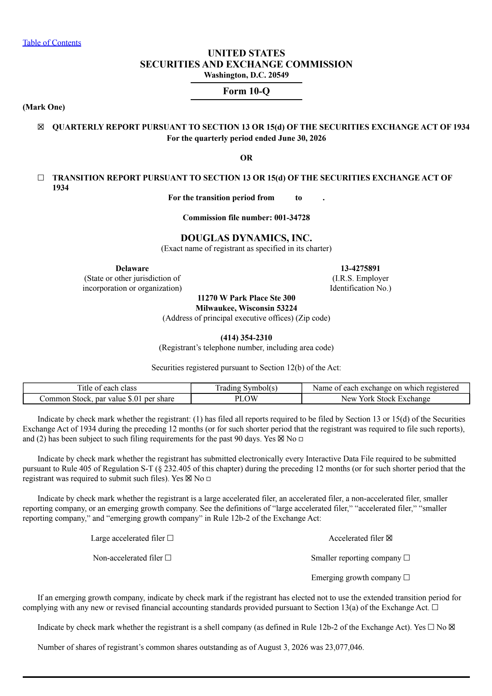 Douglas Dynamics' Q2 2026 Quarterly report