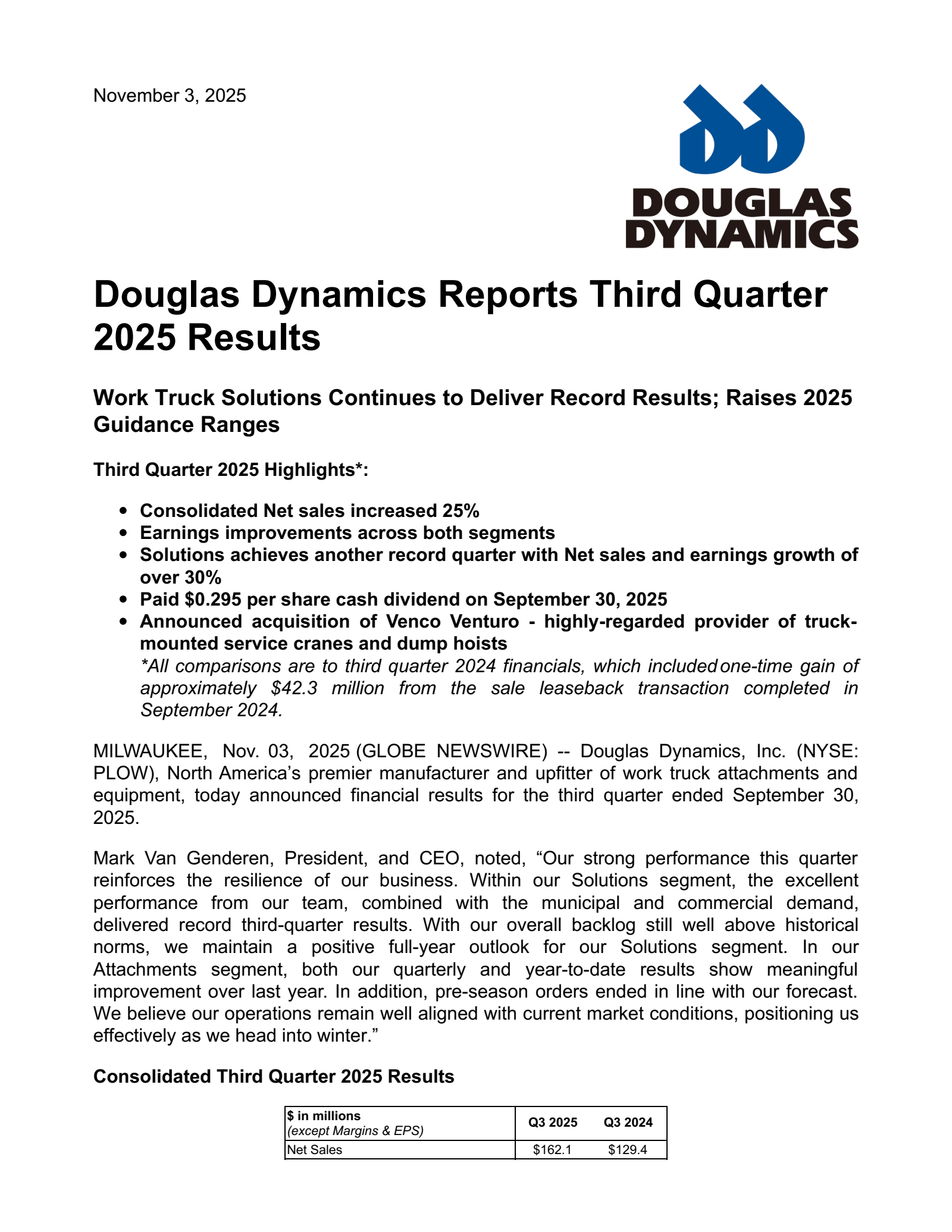Douglas Dynamics' Q3 2025 Earnings Release