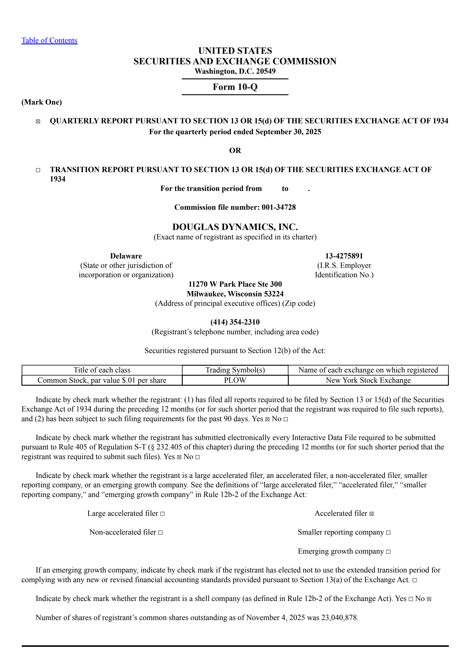 Douglas Dynamics' Q3 2025 Quarterly Report