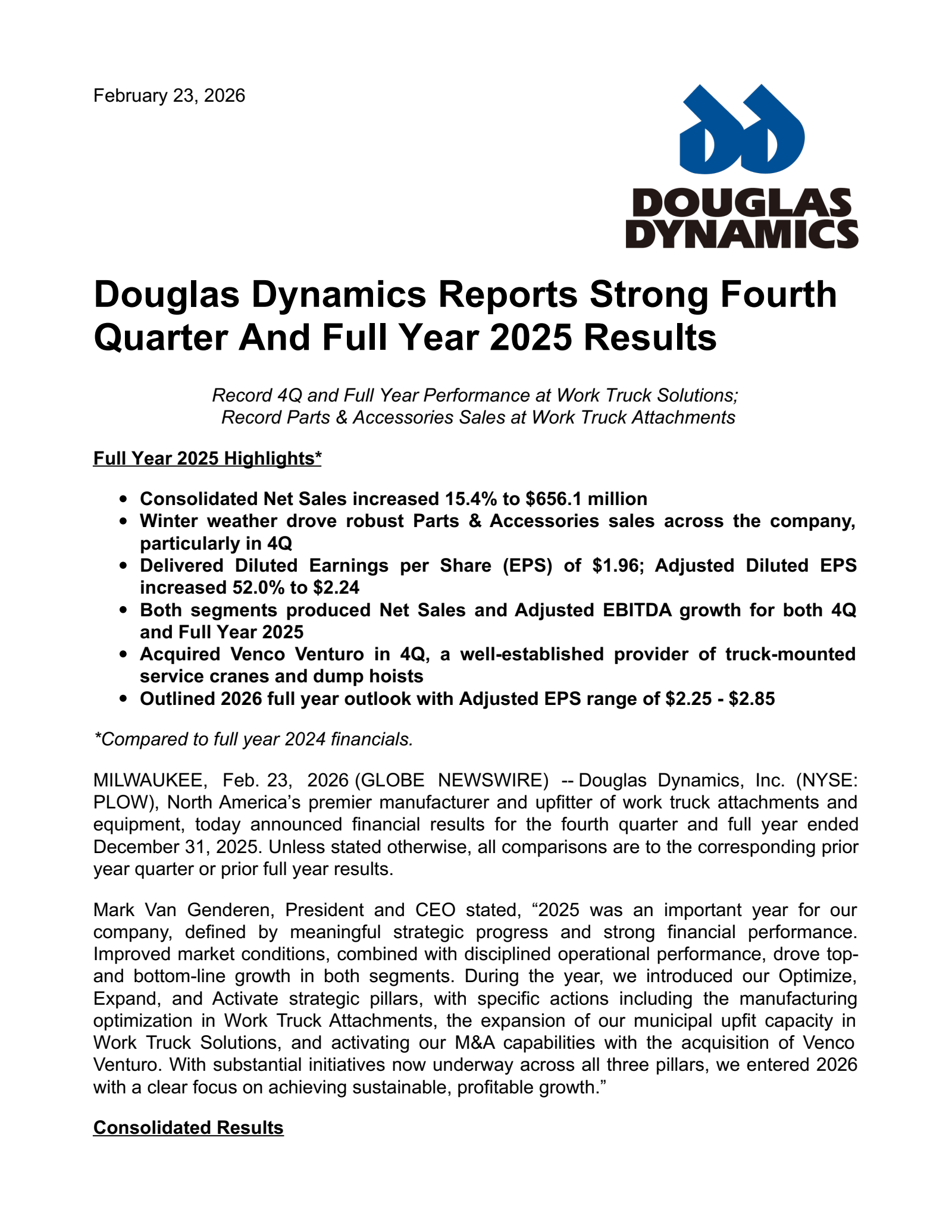 Douglas Dynamics' Q4 2025 Press Release