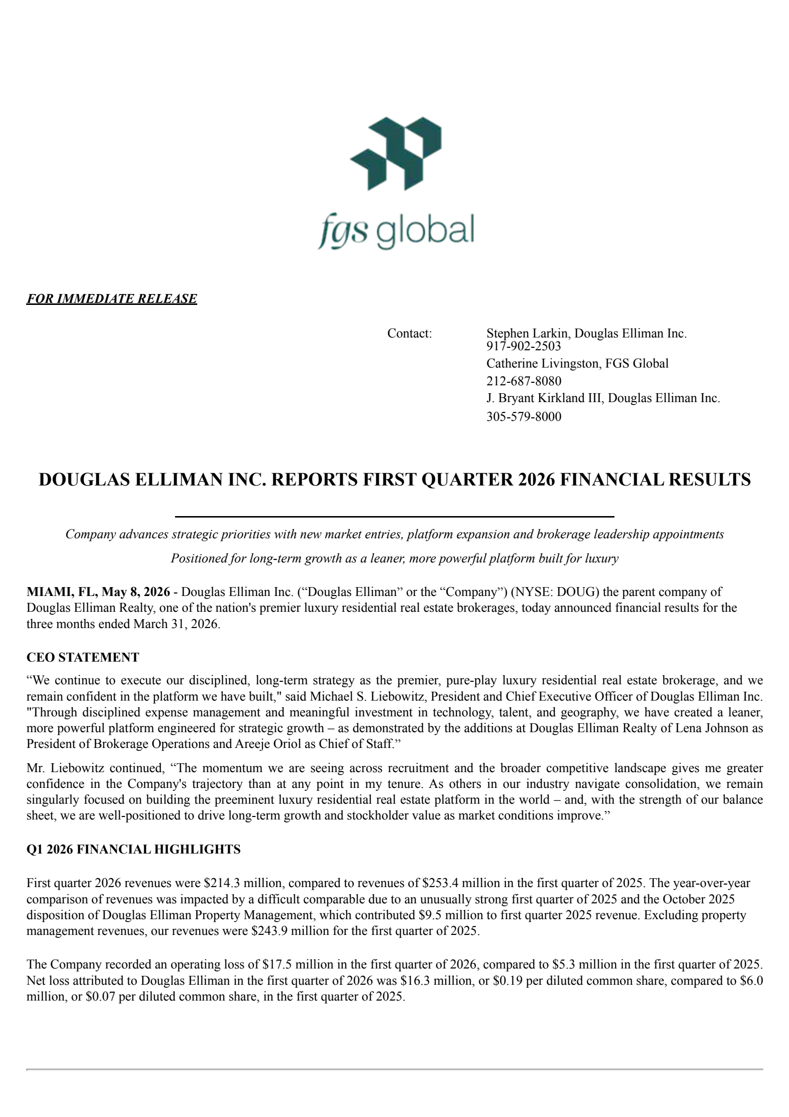 Douglas Elliman's Q1 2026 Press Release