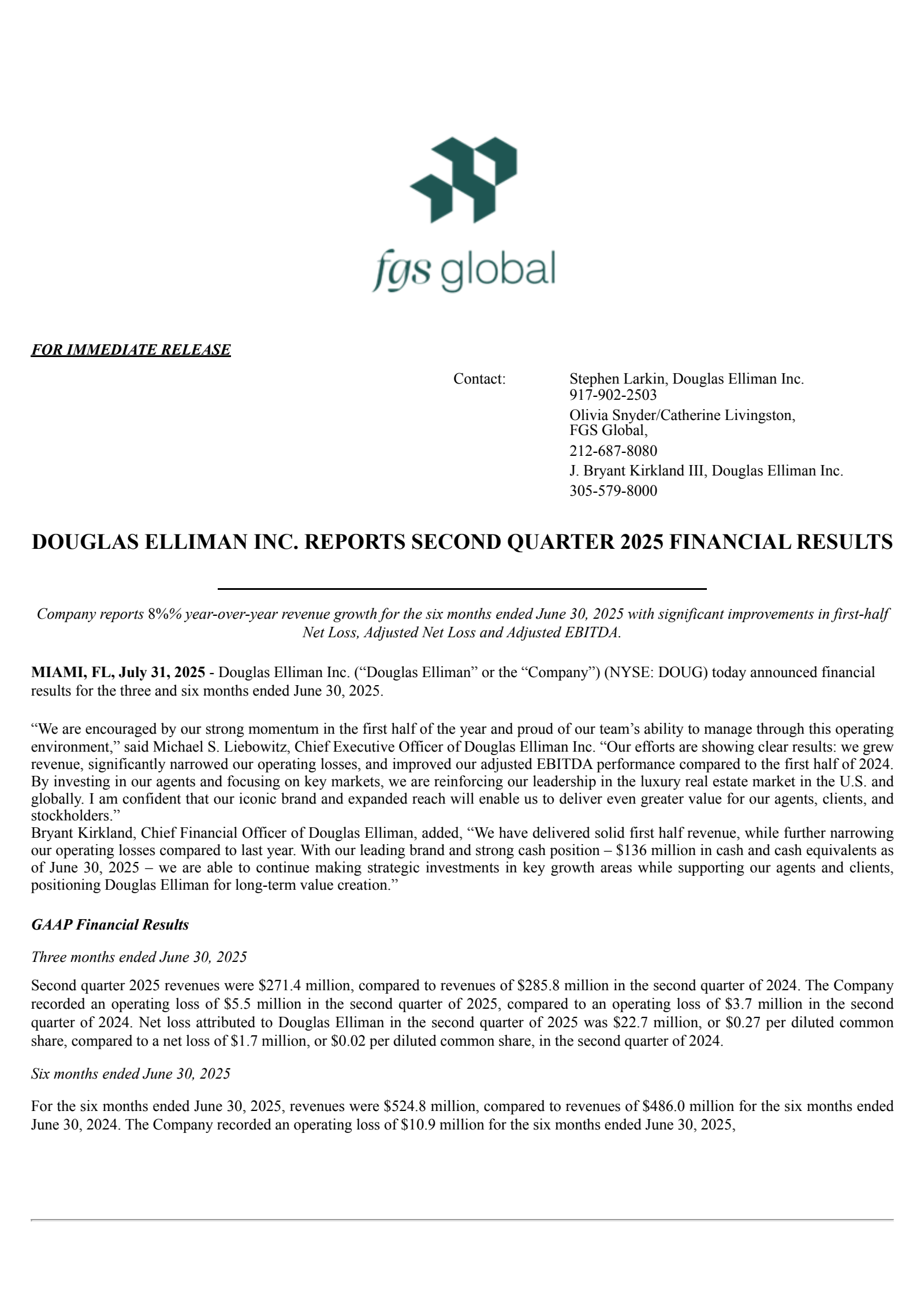 Douglas Elliman's Q2 2025 Press Release