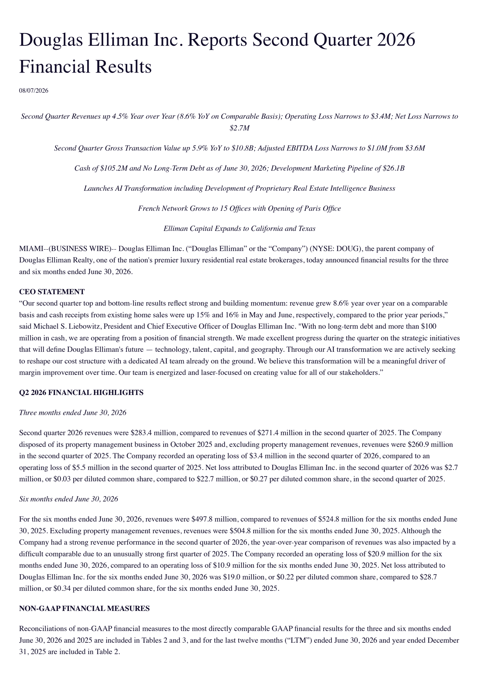 Douglas Elliman's Q2 2026 Press Release