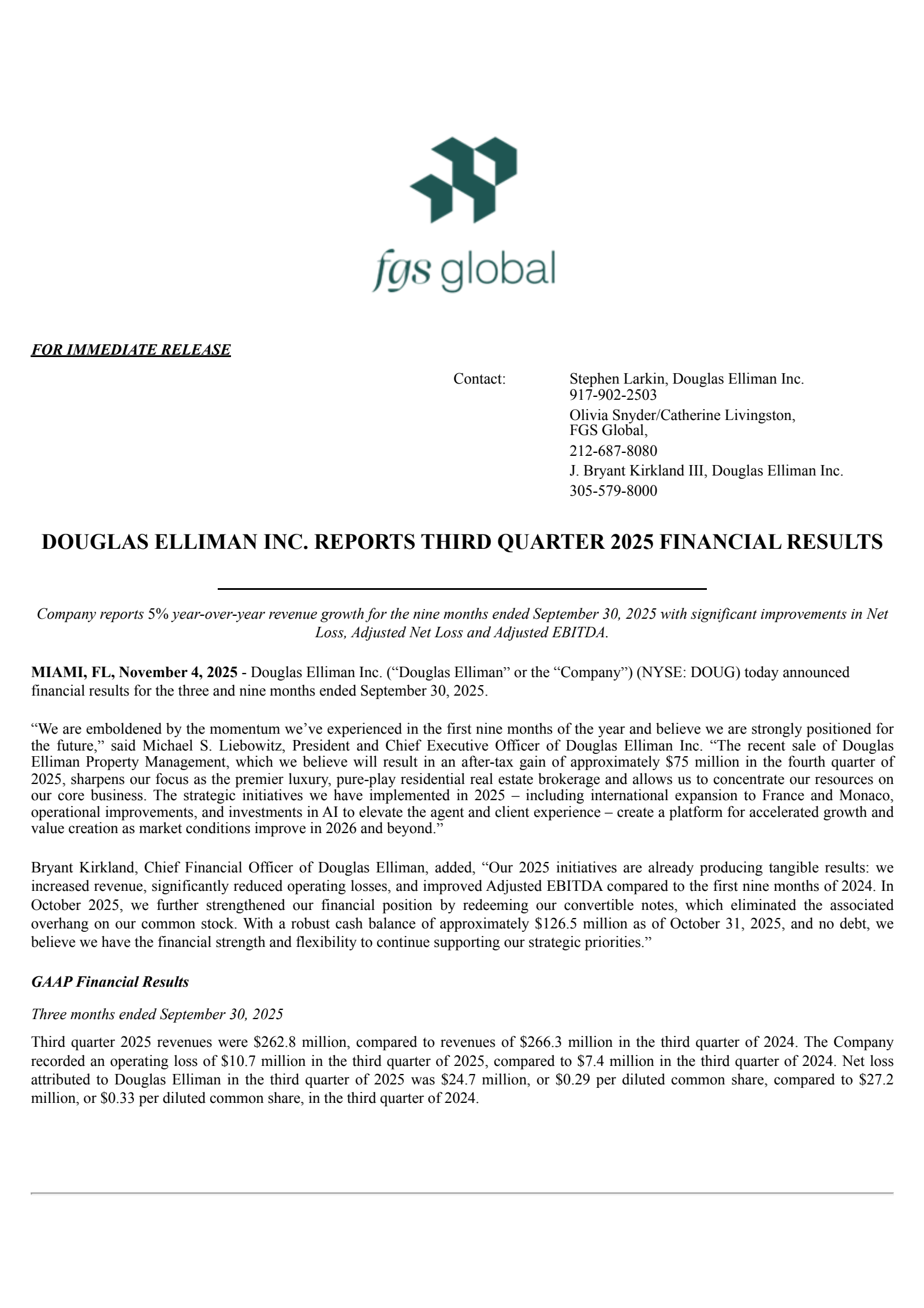 Douglas Elliman's Q3 2025 Earnings Release