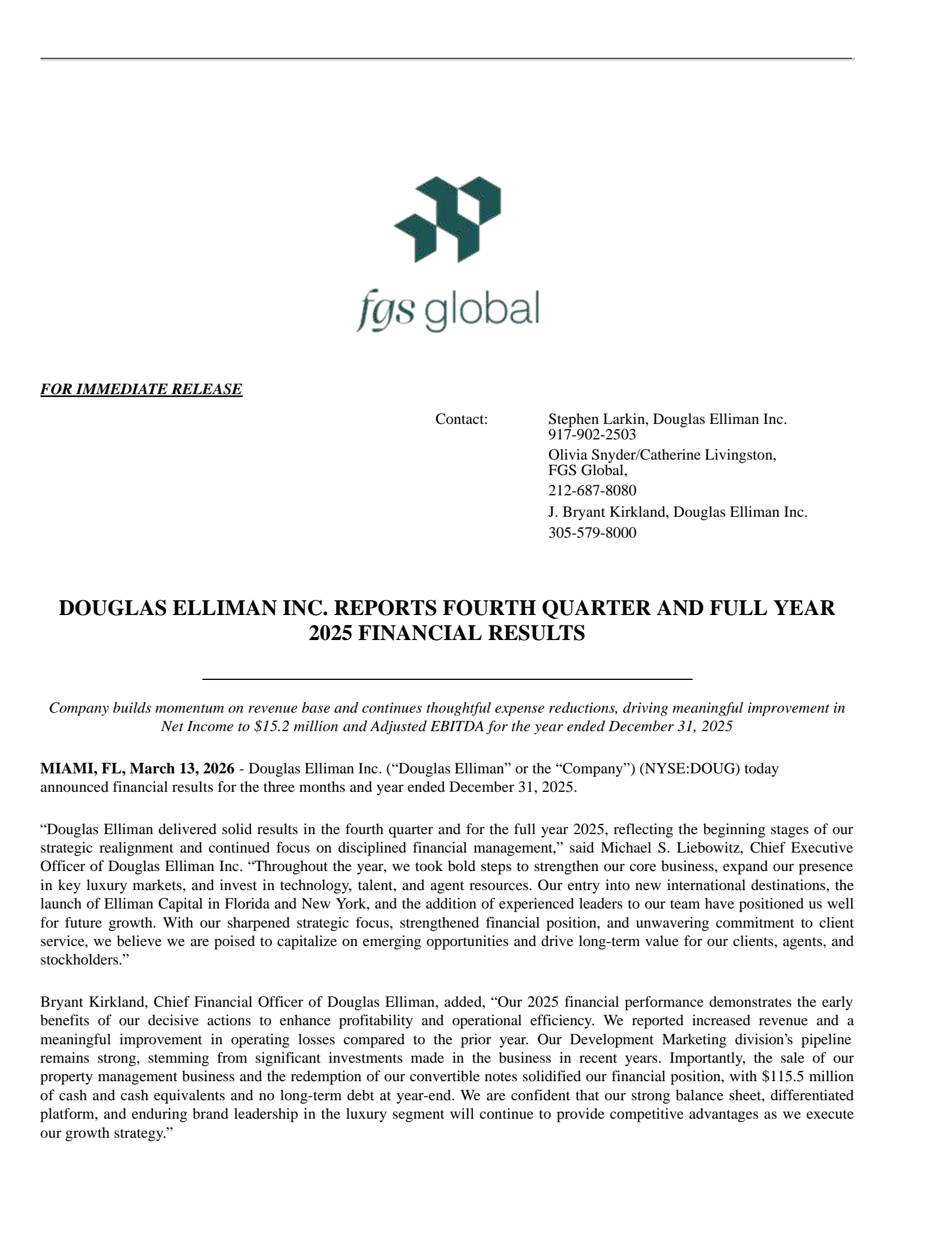 Douglas Elliman's Q4 2025 Press Release