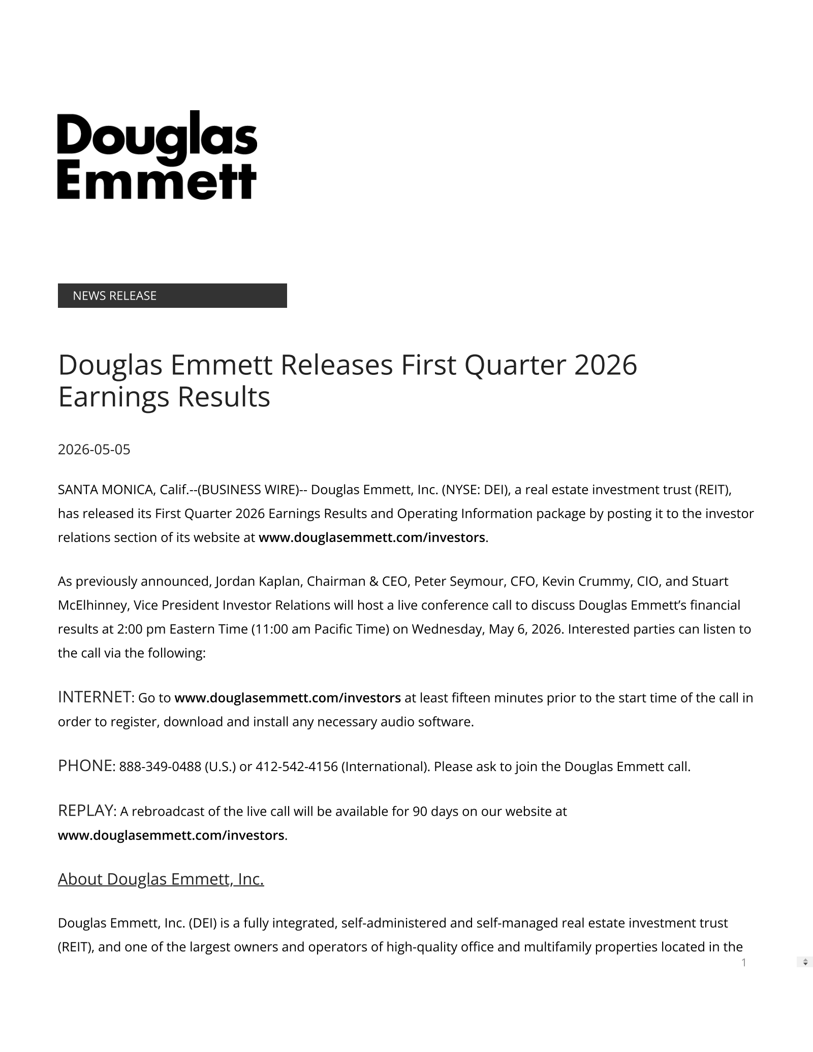 Douglas Emmett's Q1 2026 Press Release