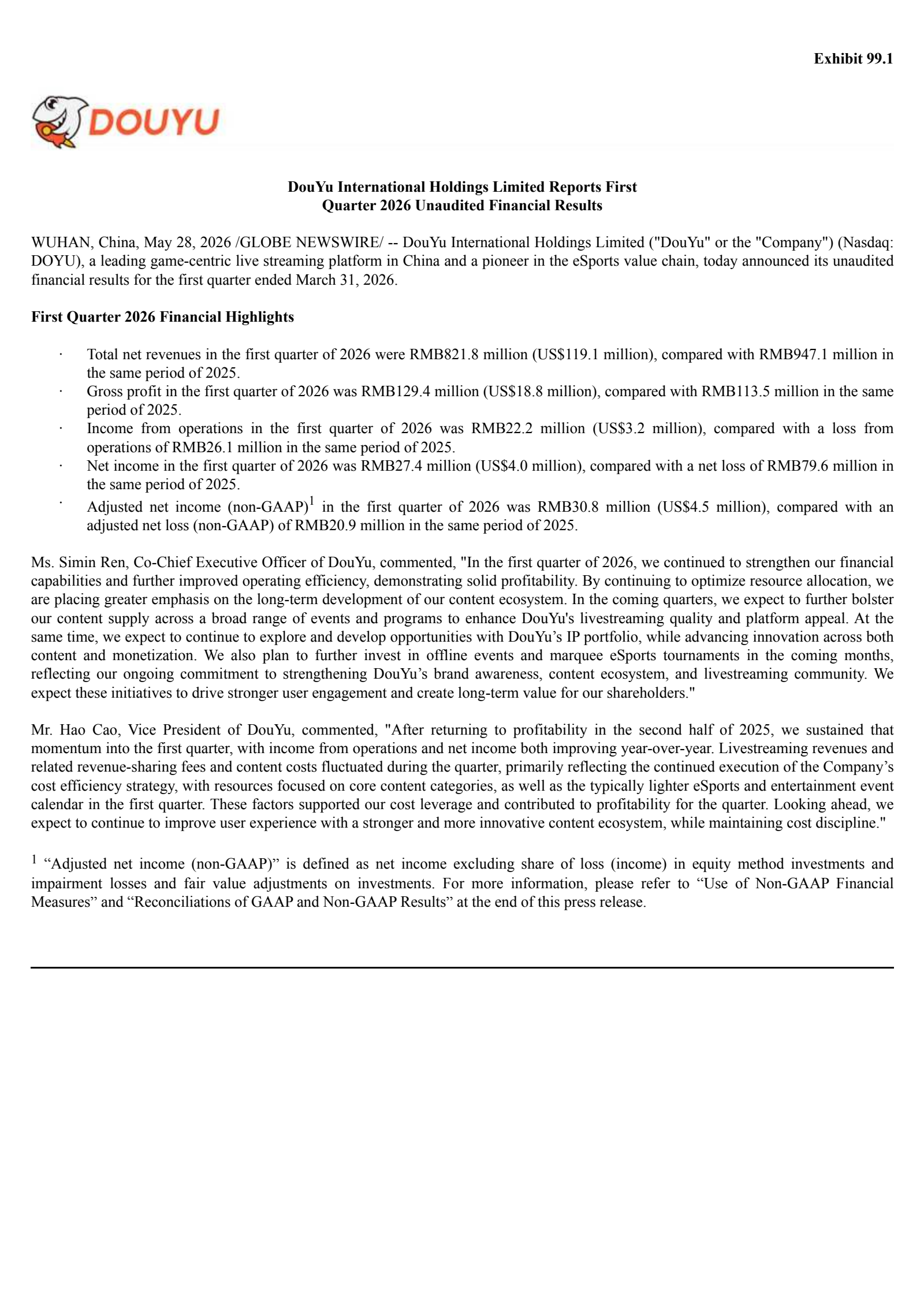 DouYu International's Q1 2026 Press Release
