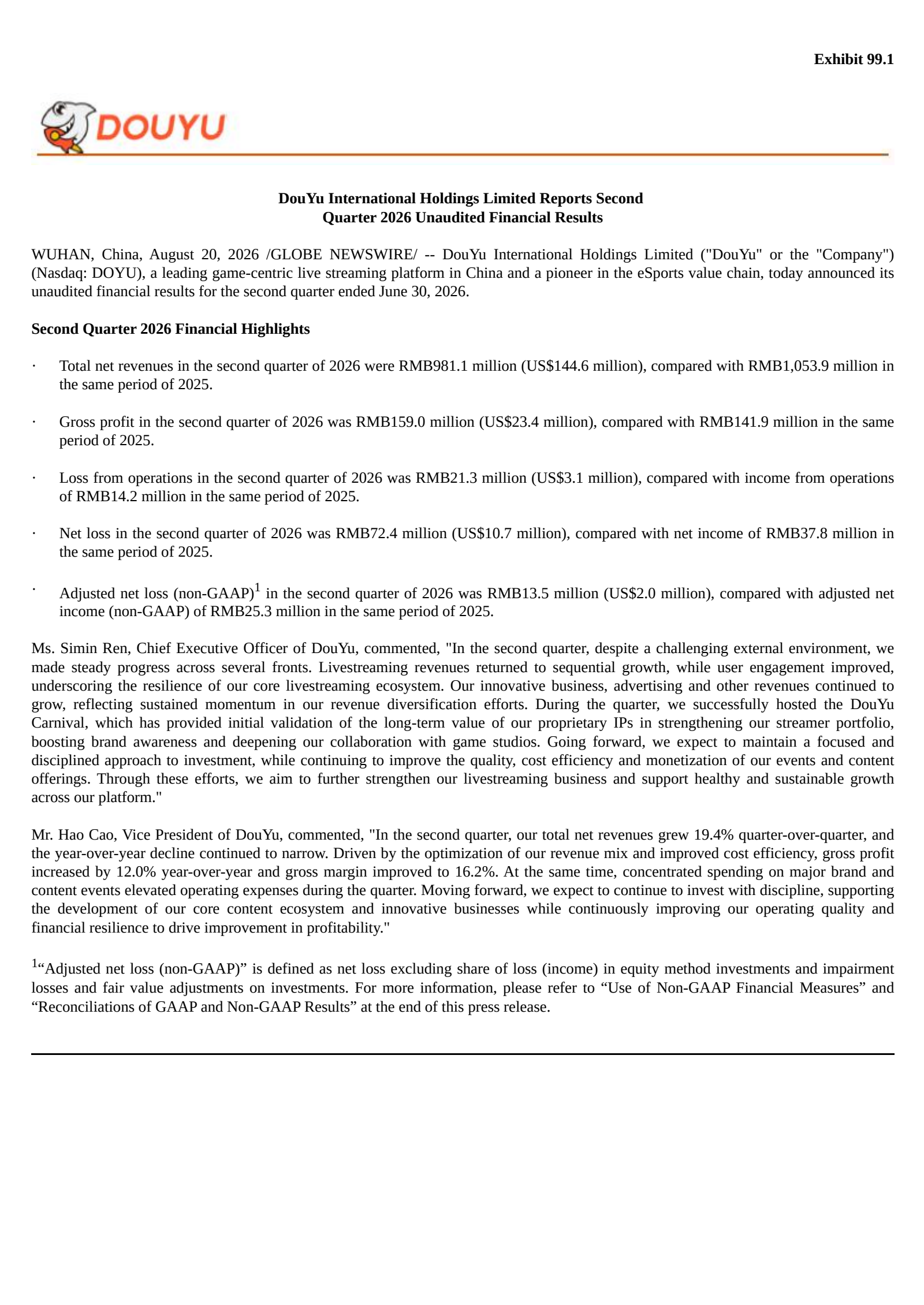 DouYu International's Q2 2026 Press Release