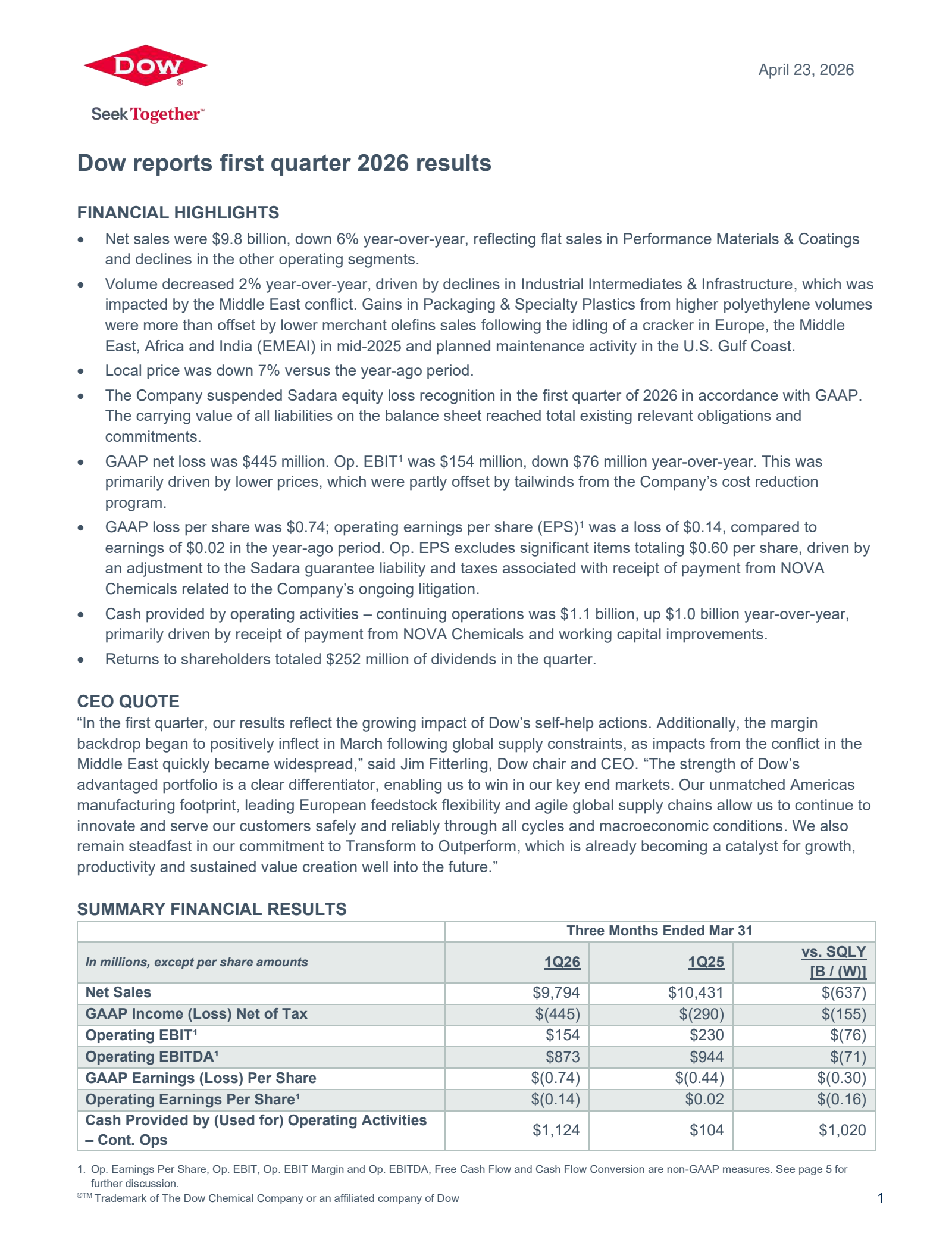 DOW's Q1 2026 Press Release