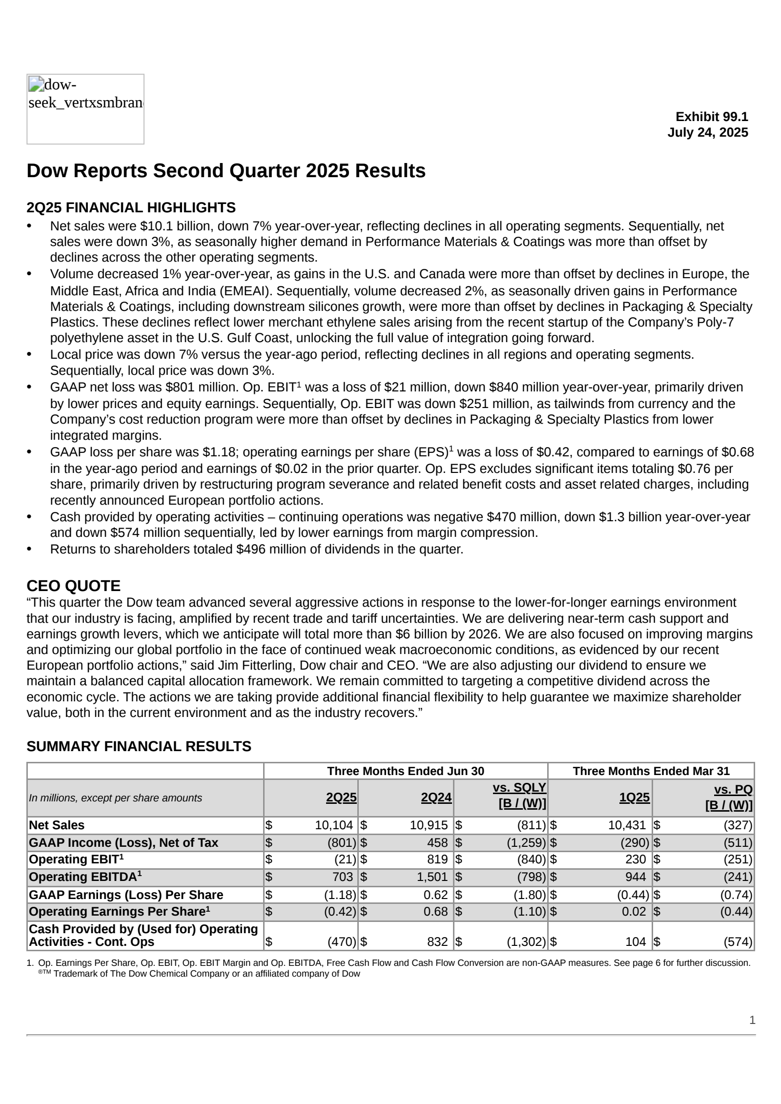 DOW's Q2 2025 Press Release