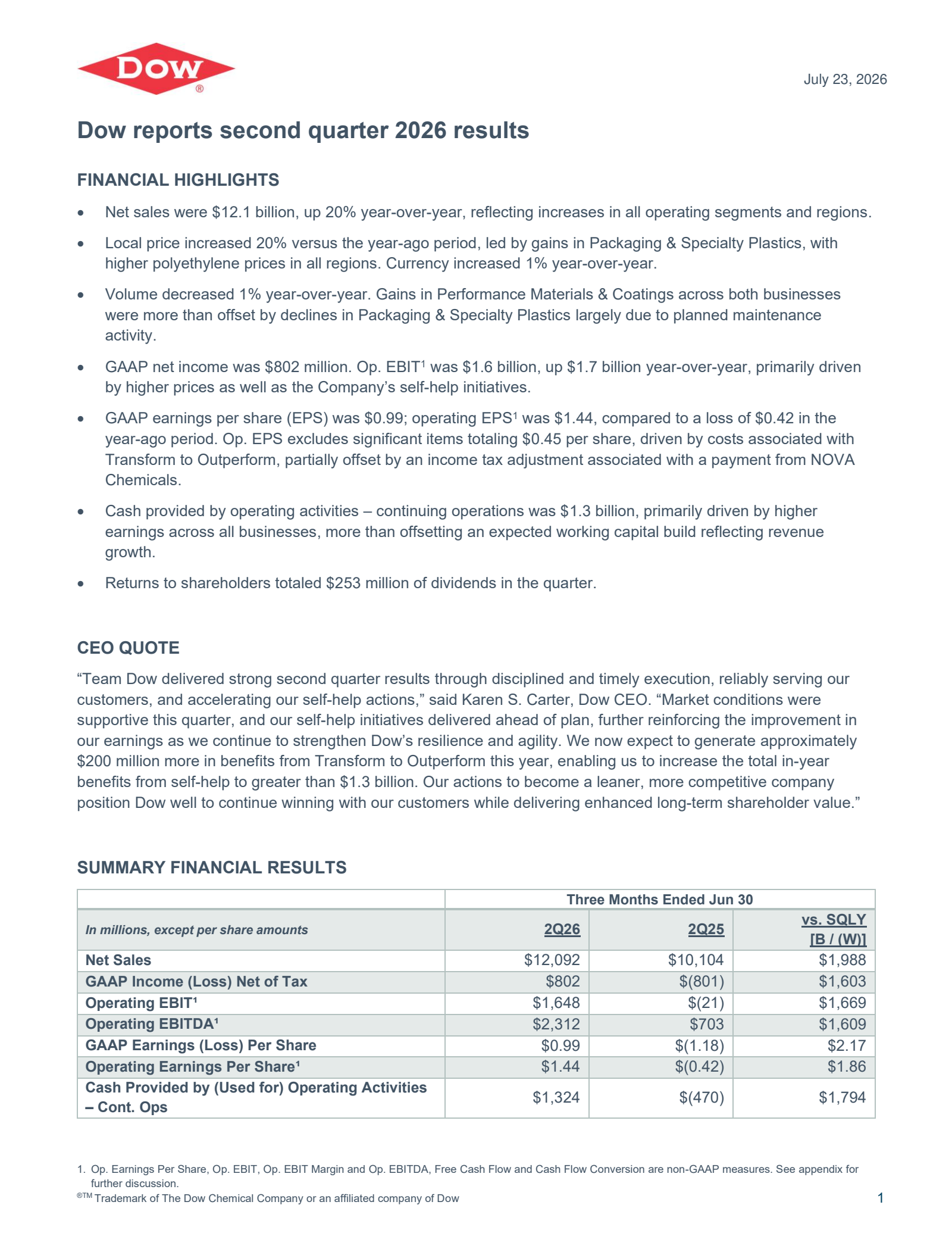 DOW's Q2 2026 Press Release