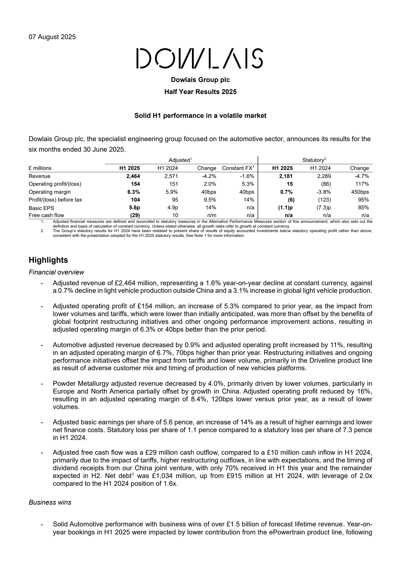 Dowlais Group's H1 2025 Interim report