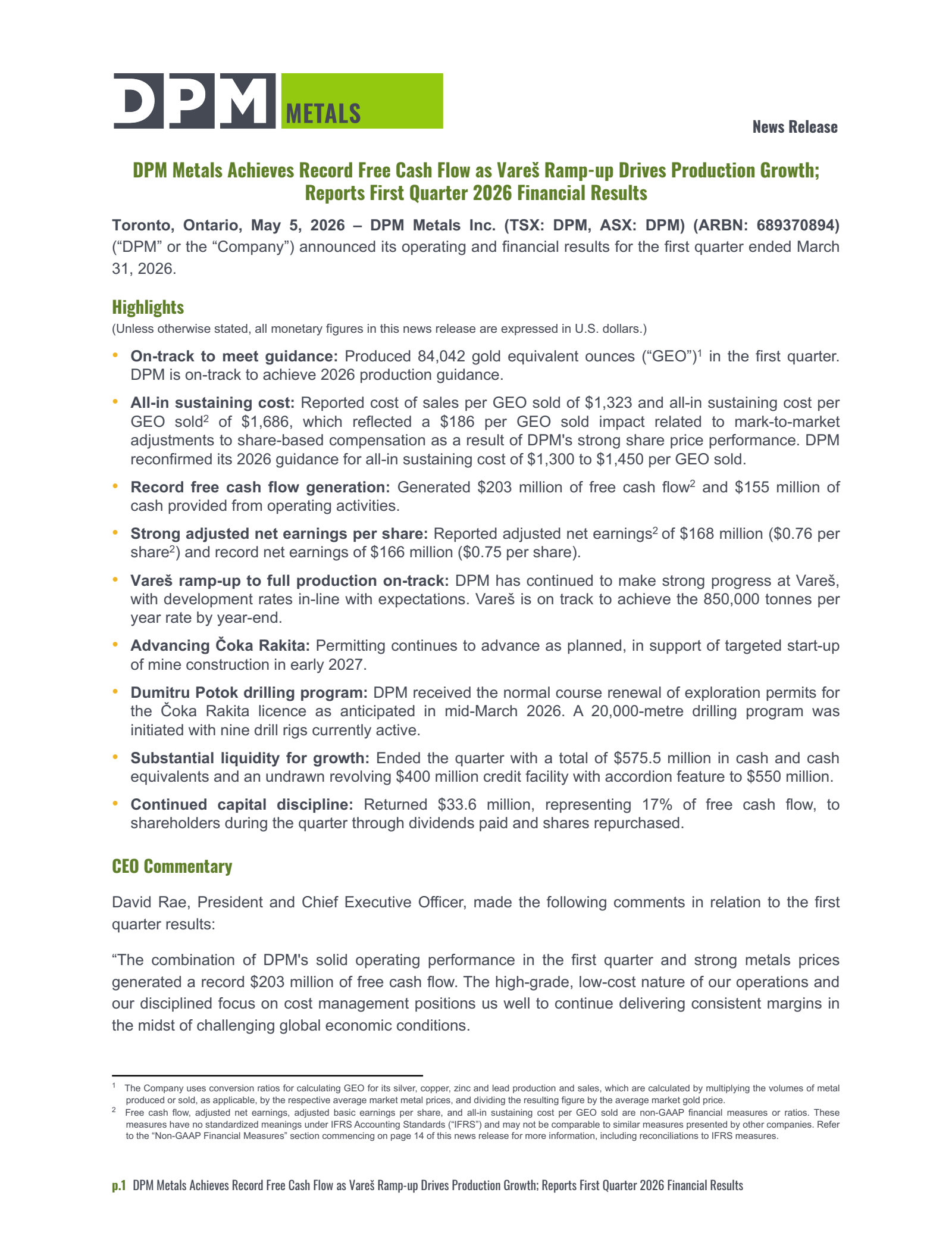 Dundee Precious Metals' Q1 2026 Press Release