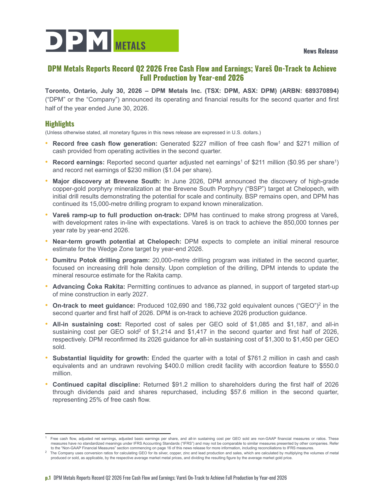Dundee Precious Metals' Q2 2026 Press Release