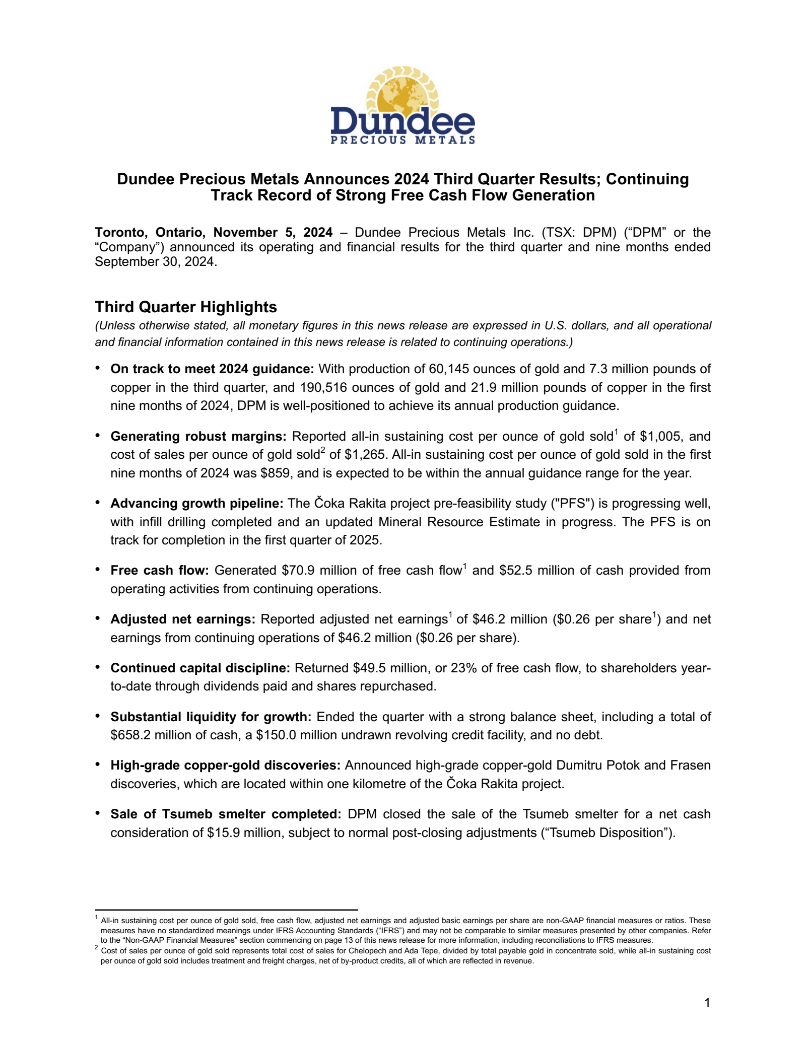 Dundee Precious Metals' Q3 2024 Press Release