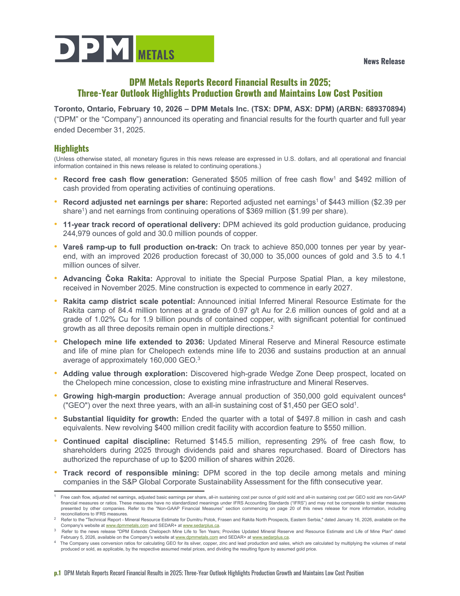 Dundee Precious Metals' Q4 2025 Press Release