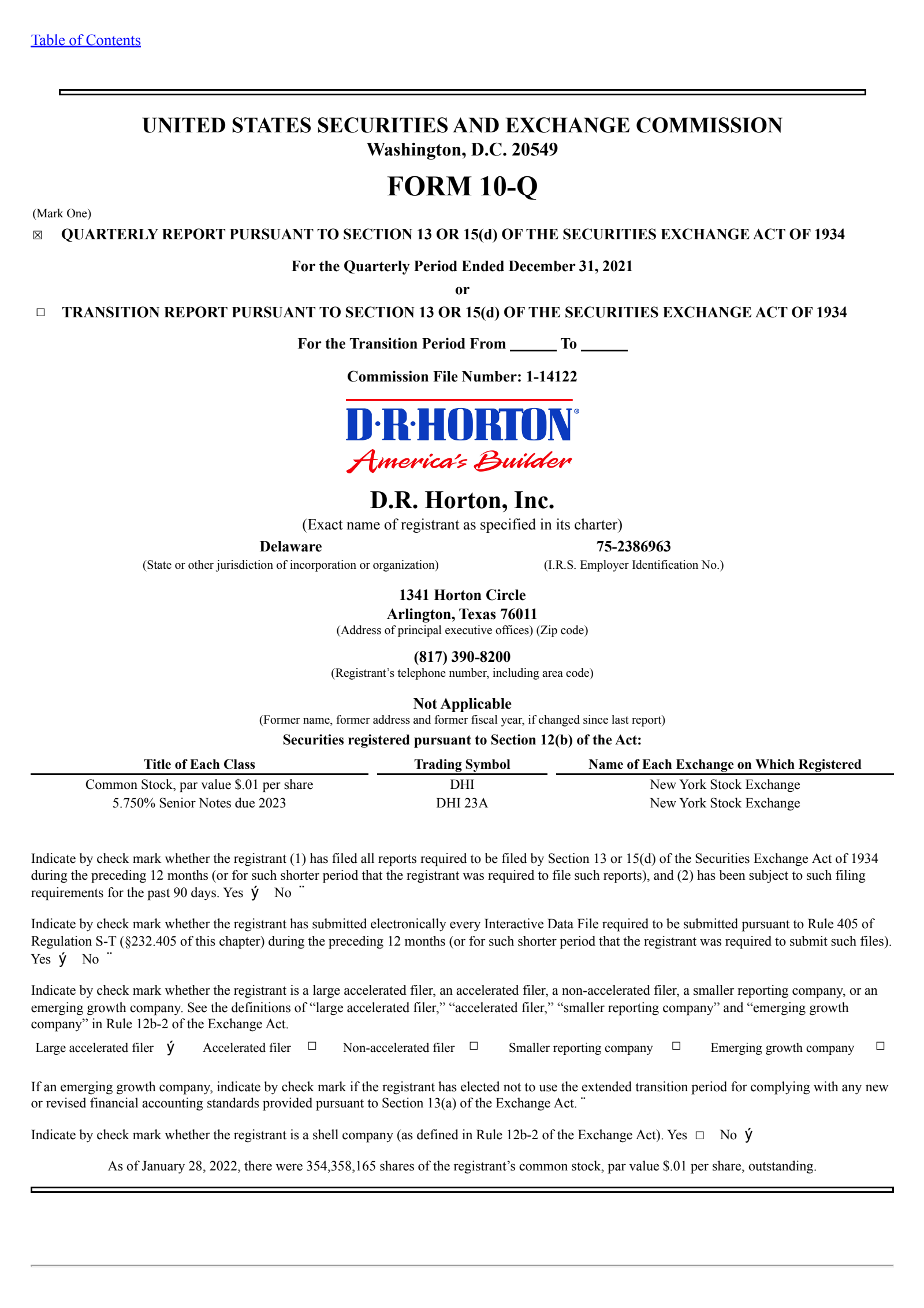 D.R. Horton's Q1 2022 Quarterly report