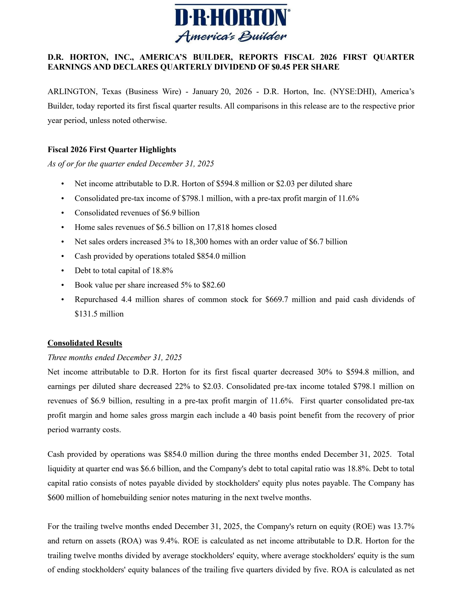 D.R. Horton's Q1 2026 Press Release