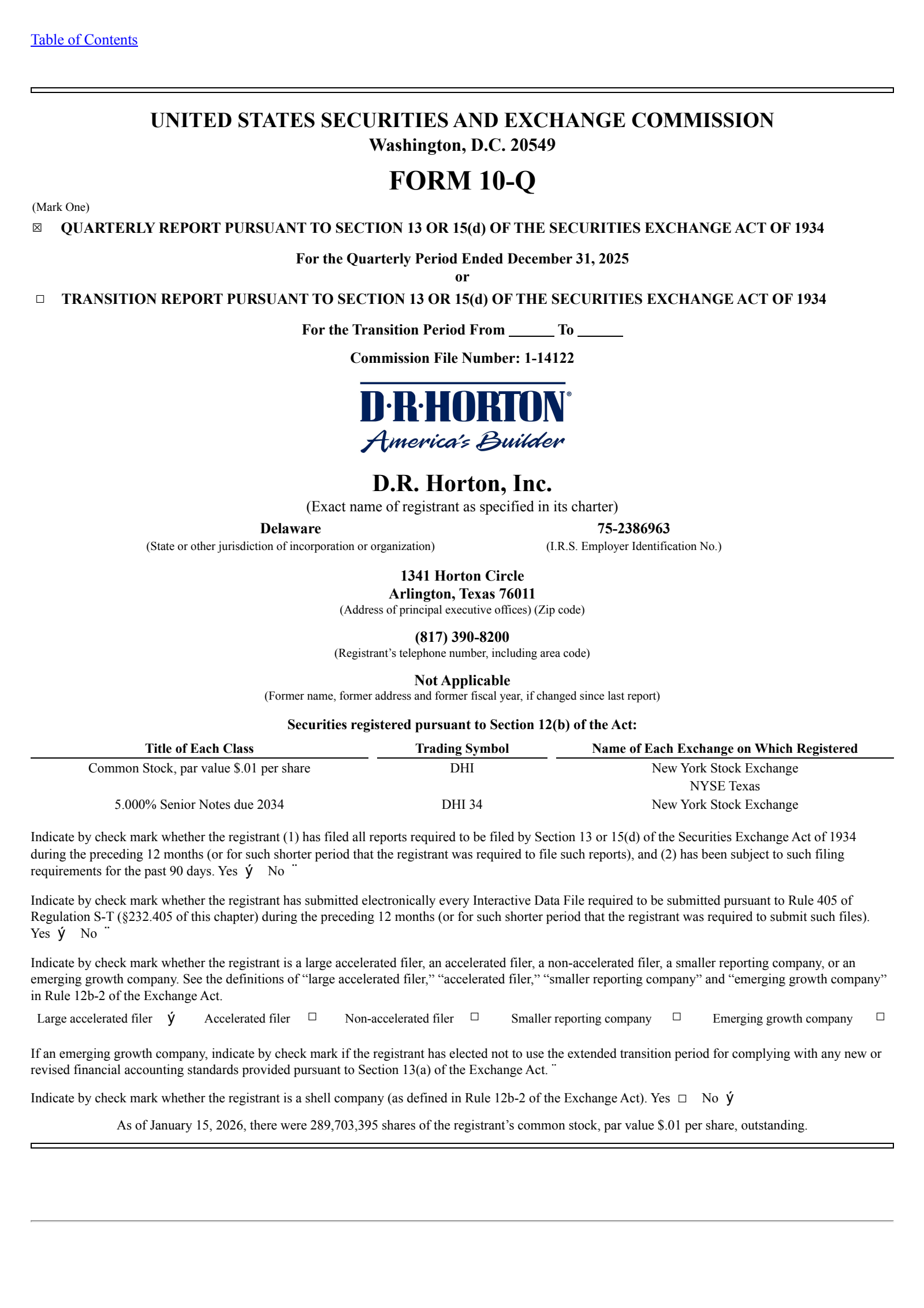 D.R. Horton's Q1 2026 Quarterly report