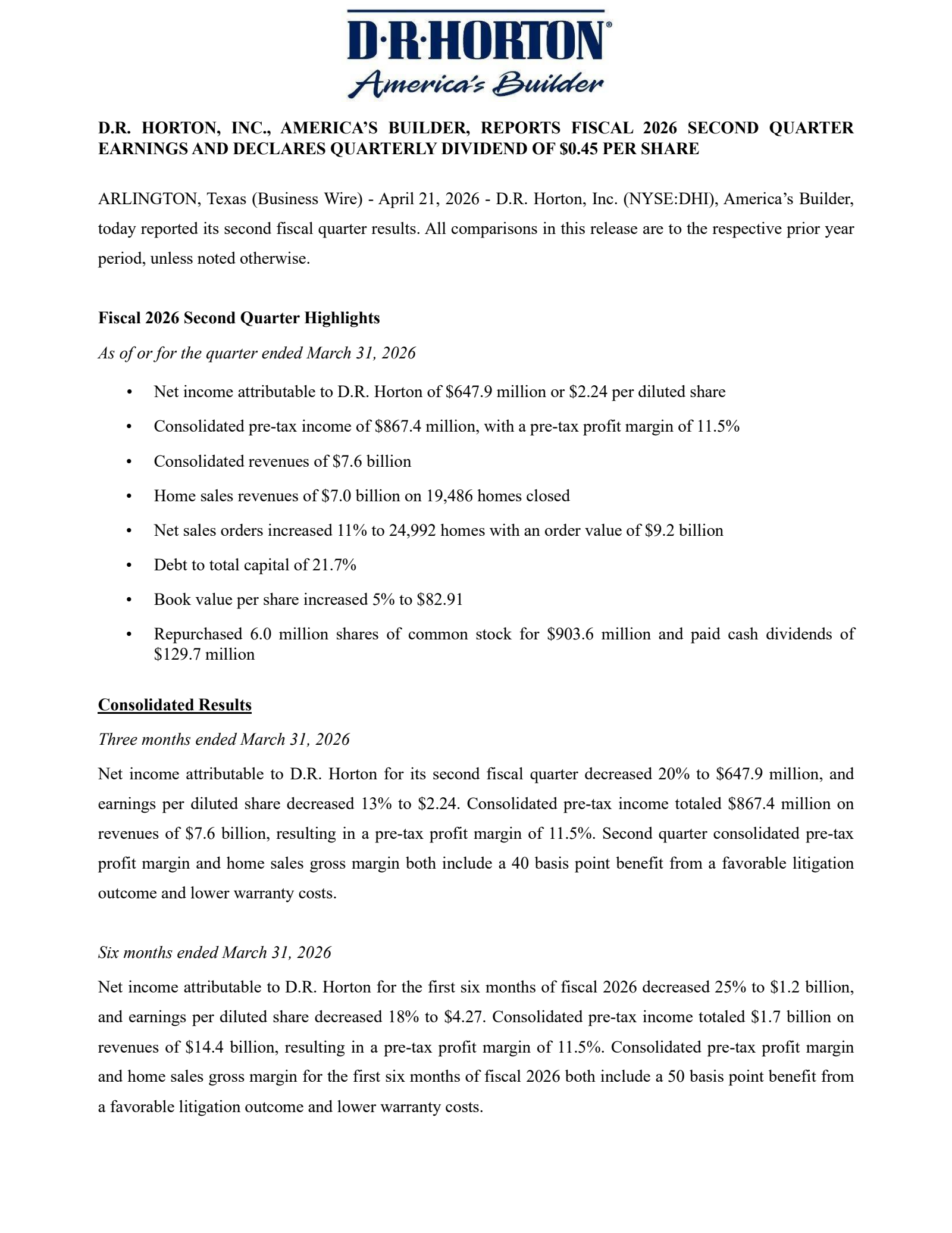 D.R. Horton's Q2 2026 Press Release