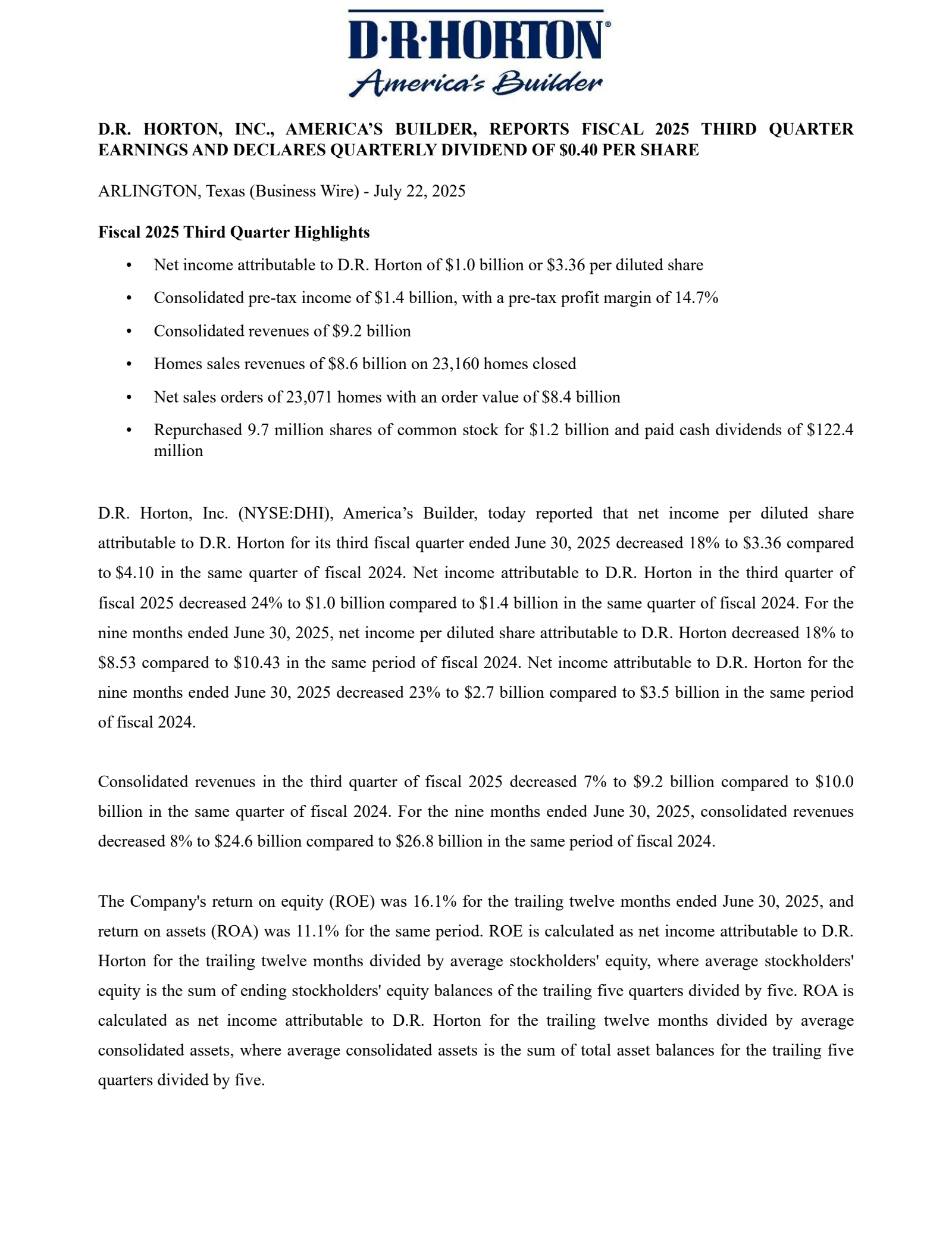 D.R. Horton's Q3 2025 Press Release