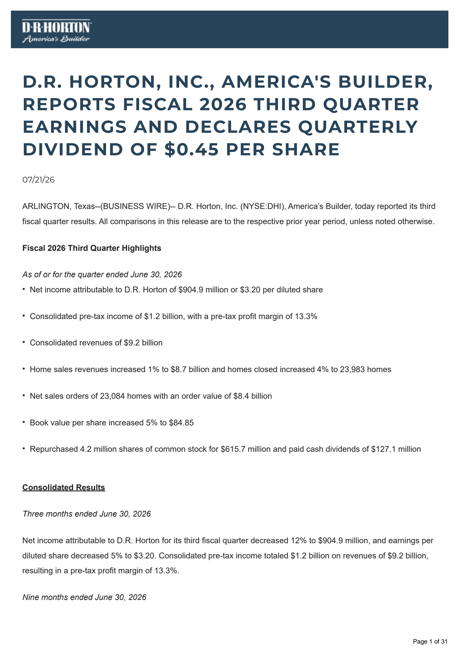 D.R. Horton's Q3 2026 Press Release