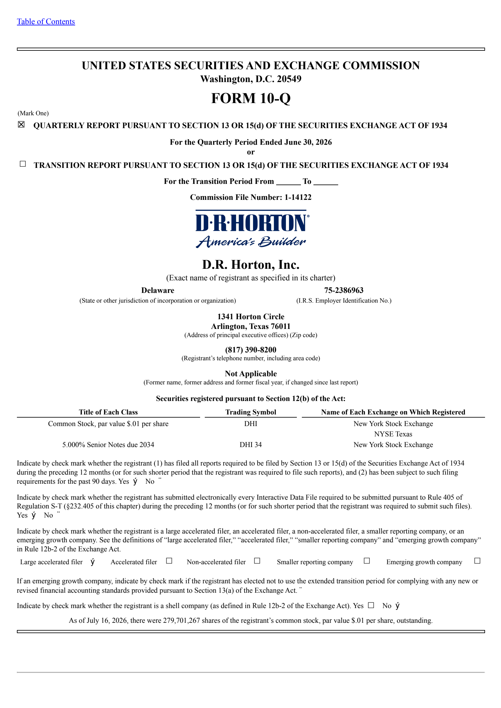 D.R. Horton's Q3 2026 Quarterly report