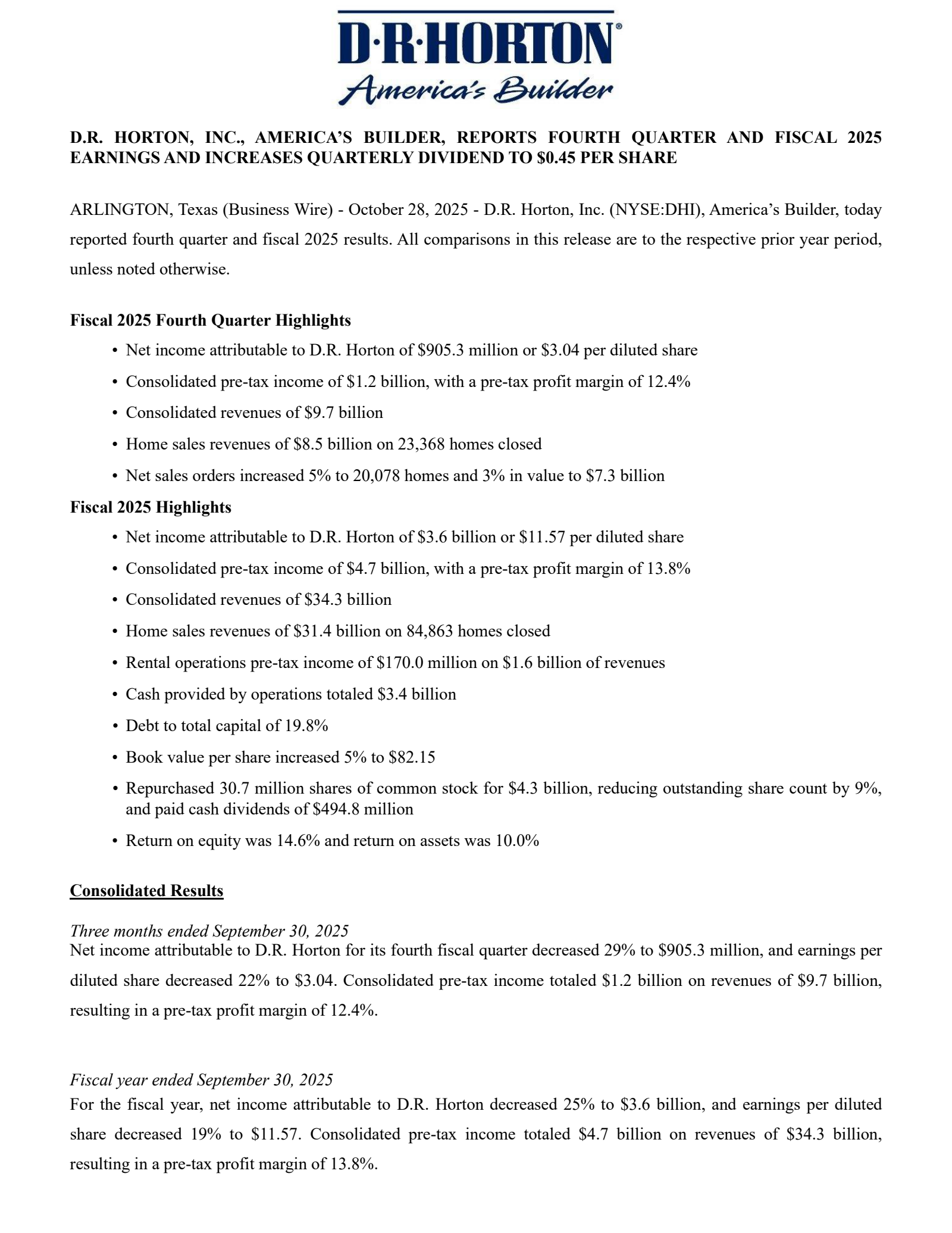 D.R. Horton's Q4 2025 Earnings Release