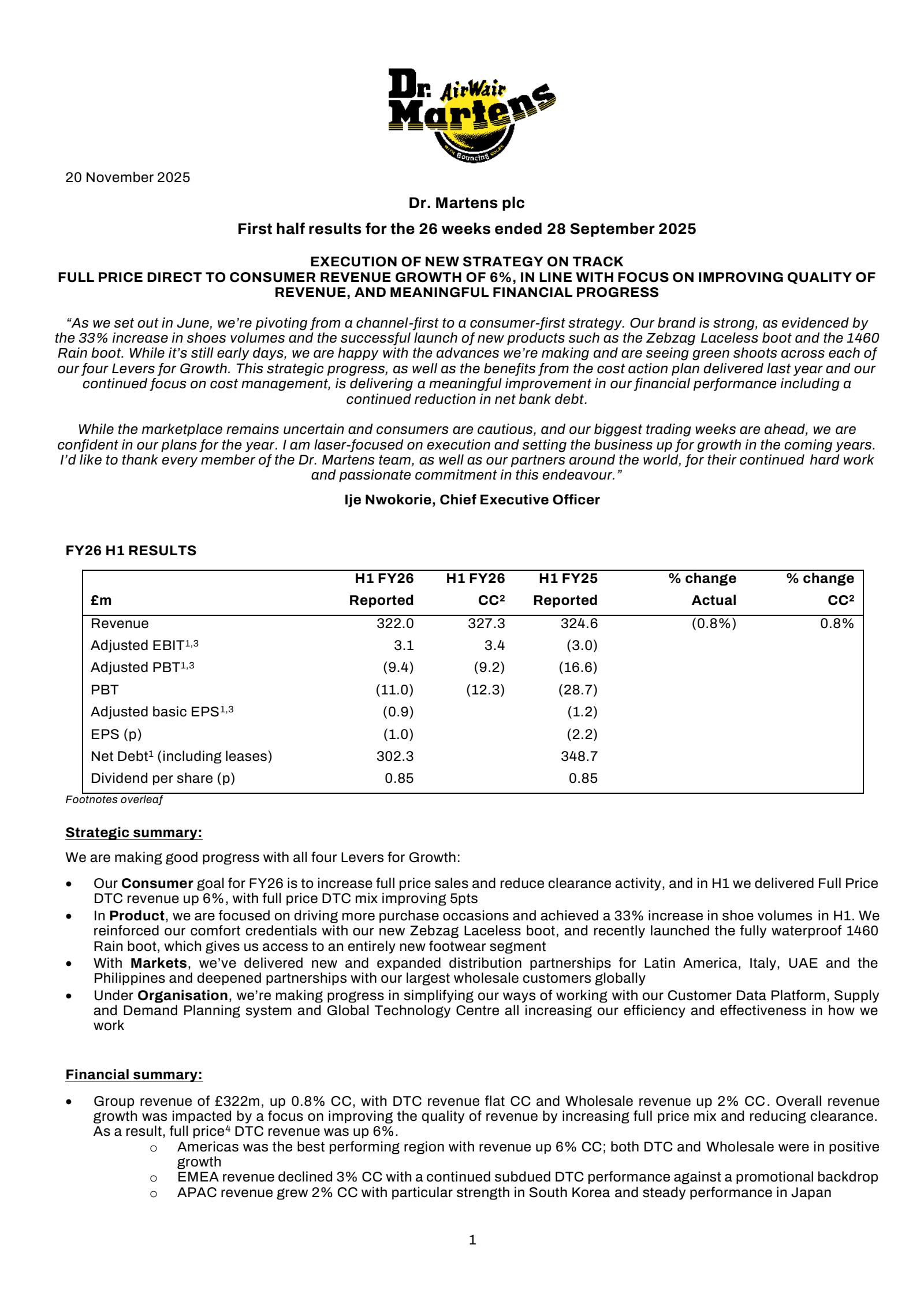 Dr. Martens' H1 2026 Interim Report