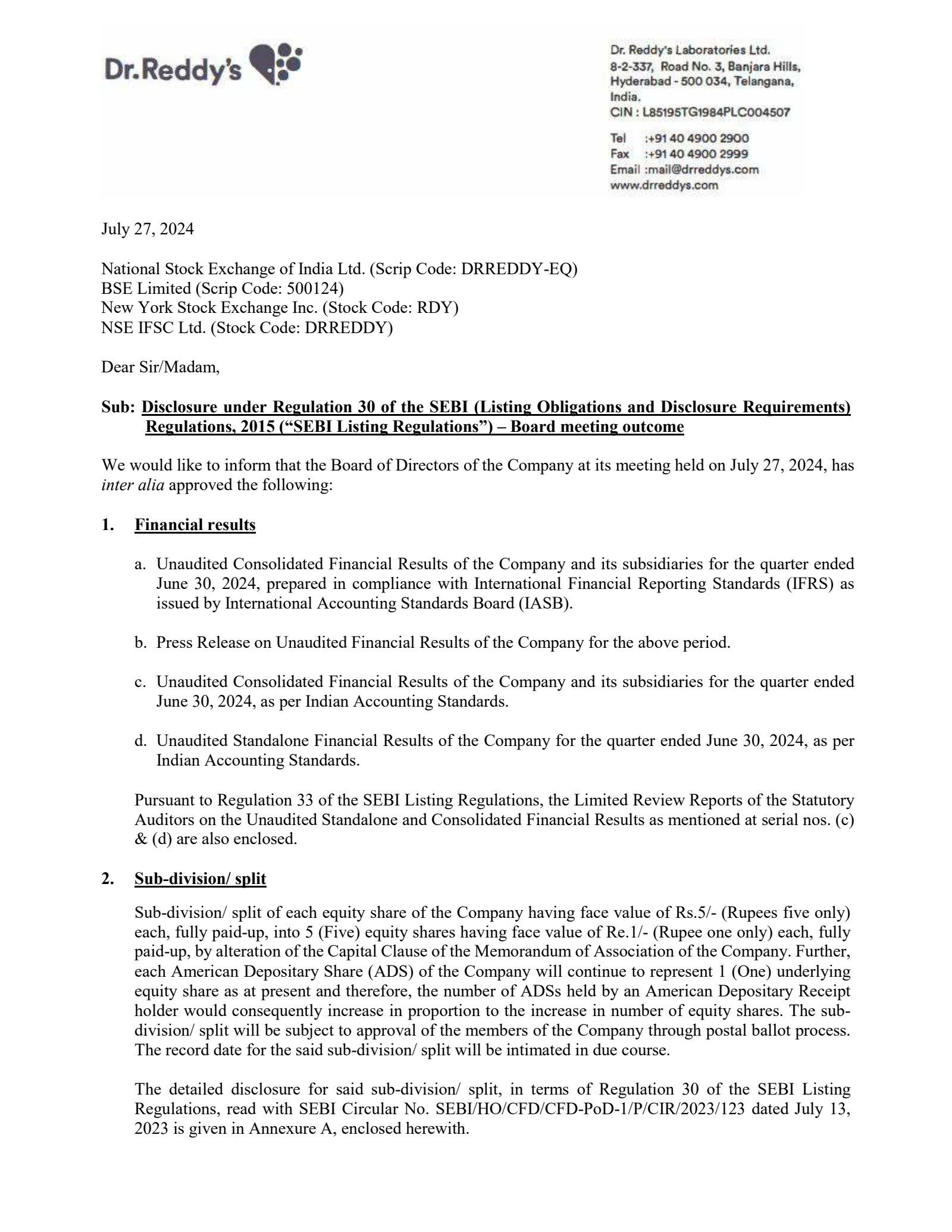 Dr. Reddy's Laboratories' Q1 24/25 Interim report