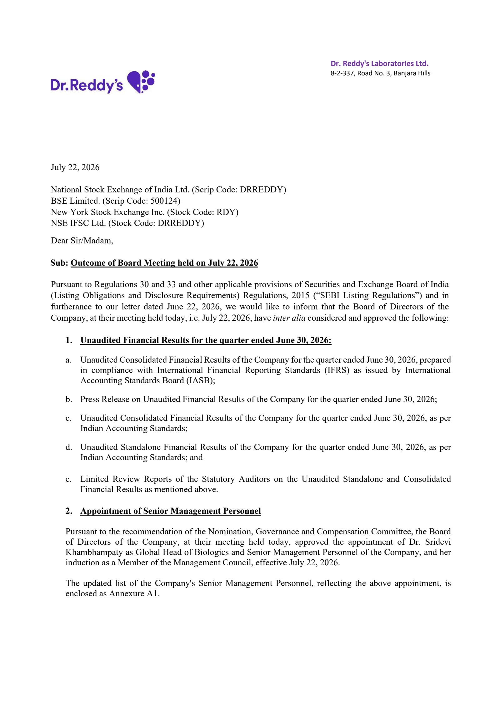 Dr. Reddy's Laboratories' Q1 26/27 Interim report