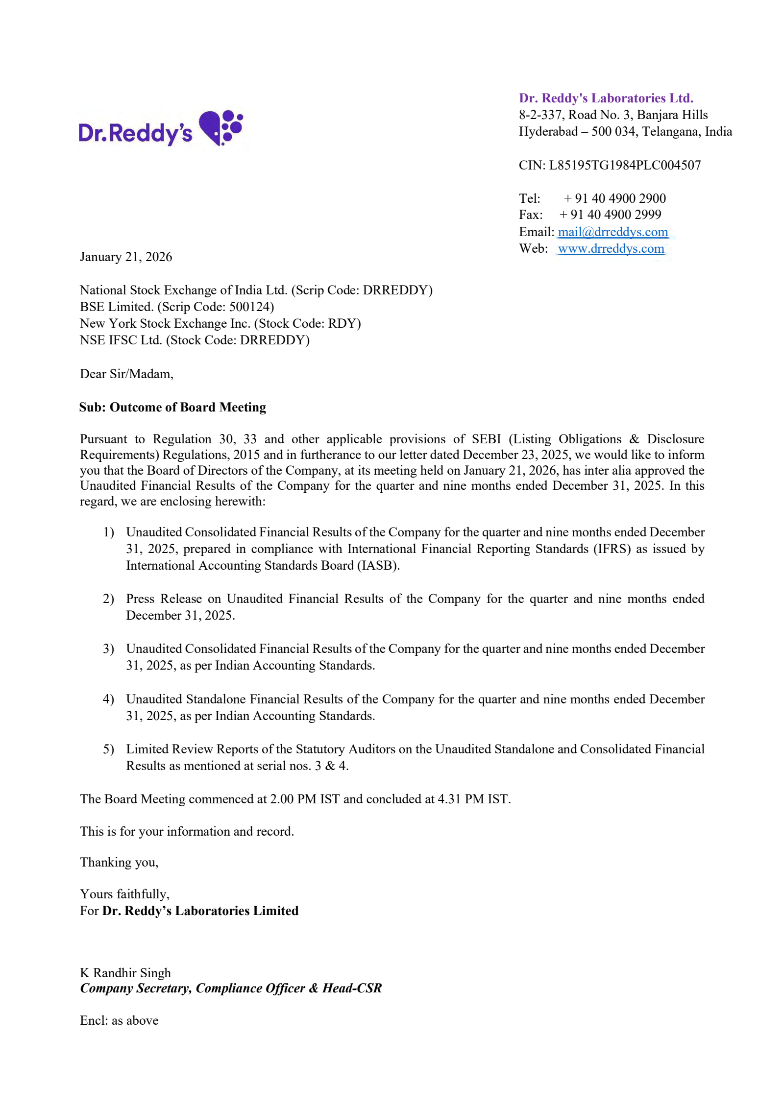 Dr. Reddy's Laboratories' Q3 25/26 Interim report