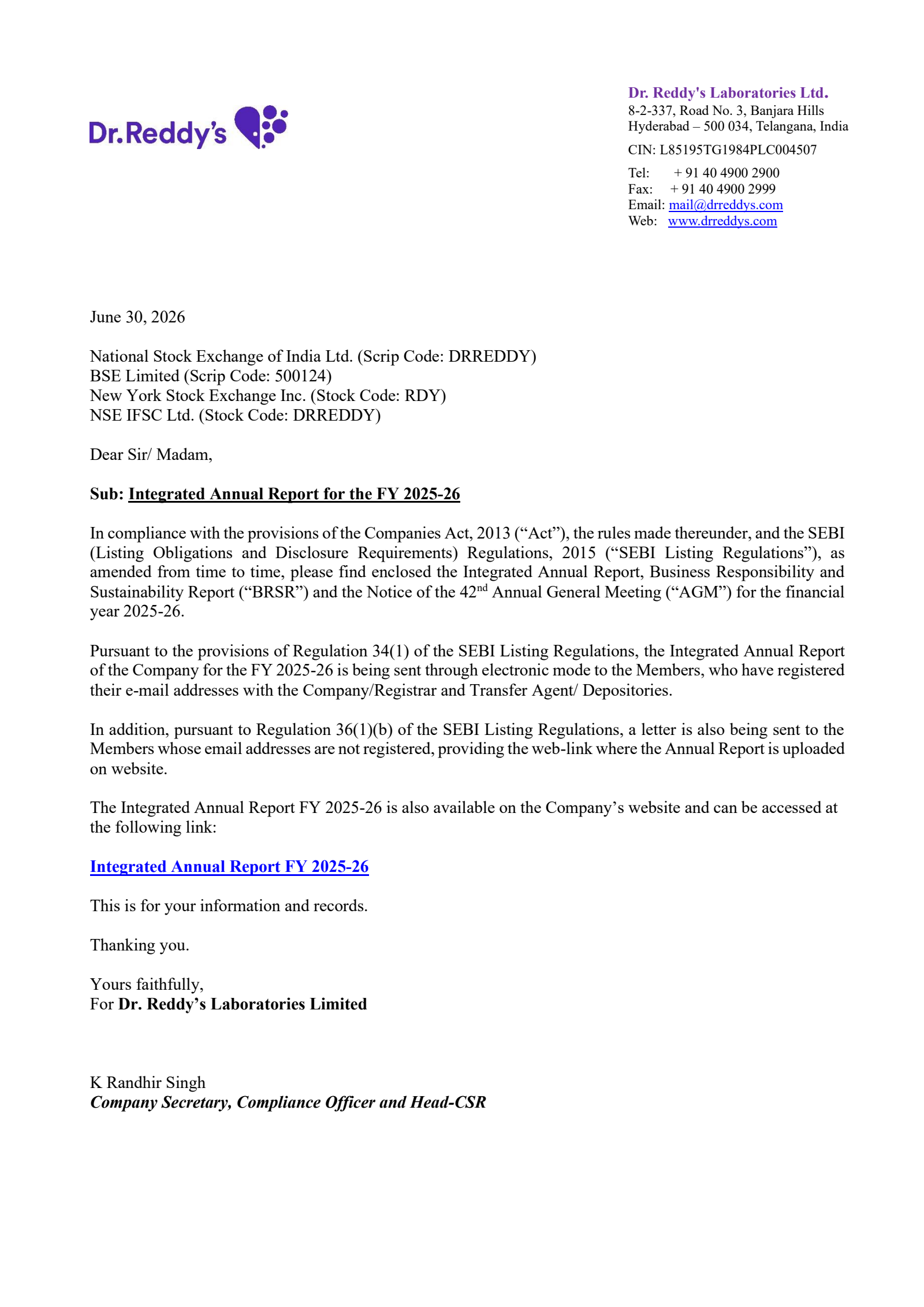 Dr. Reddy's Laboratories' Q4 25/26 Annual report