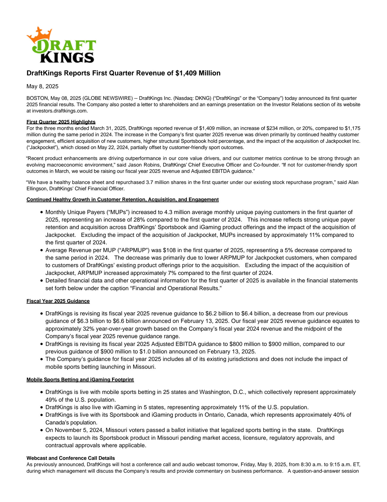DraftKings' Q1 2025 Press Release