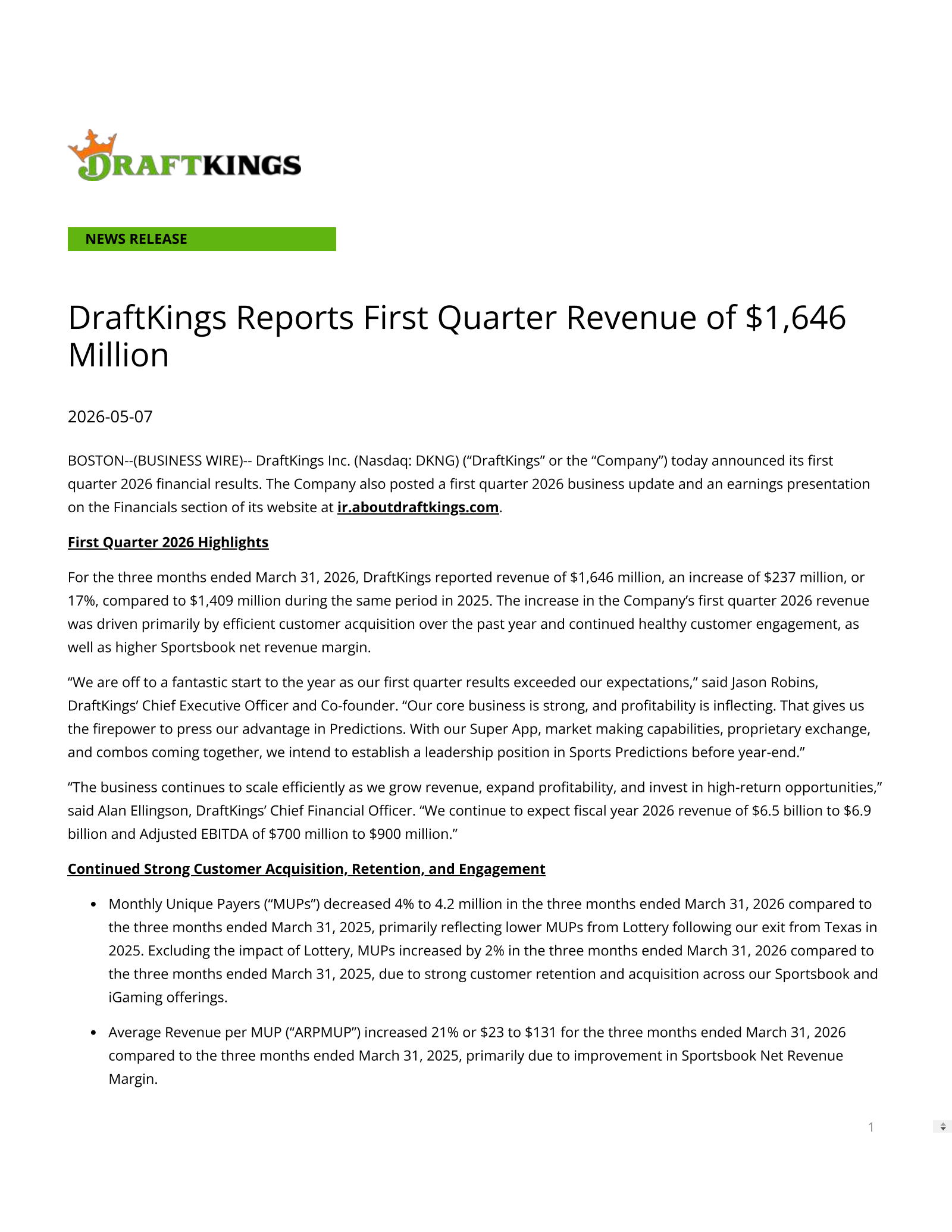 DraftKings' Q1 2026 Press Release