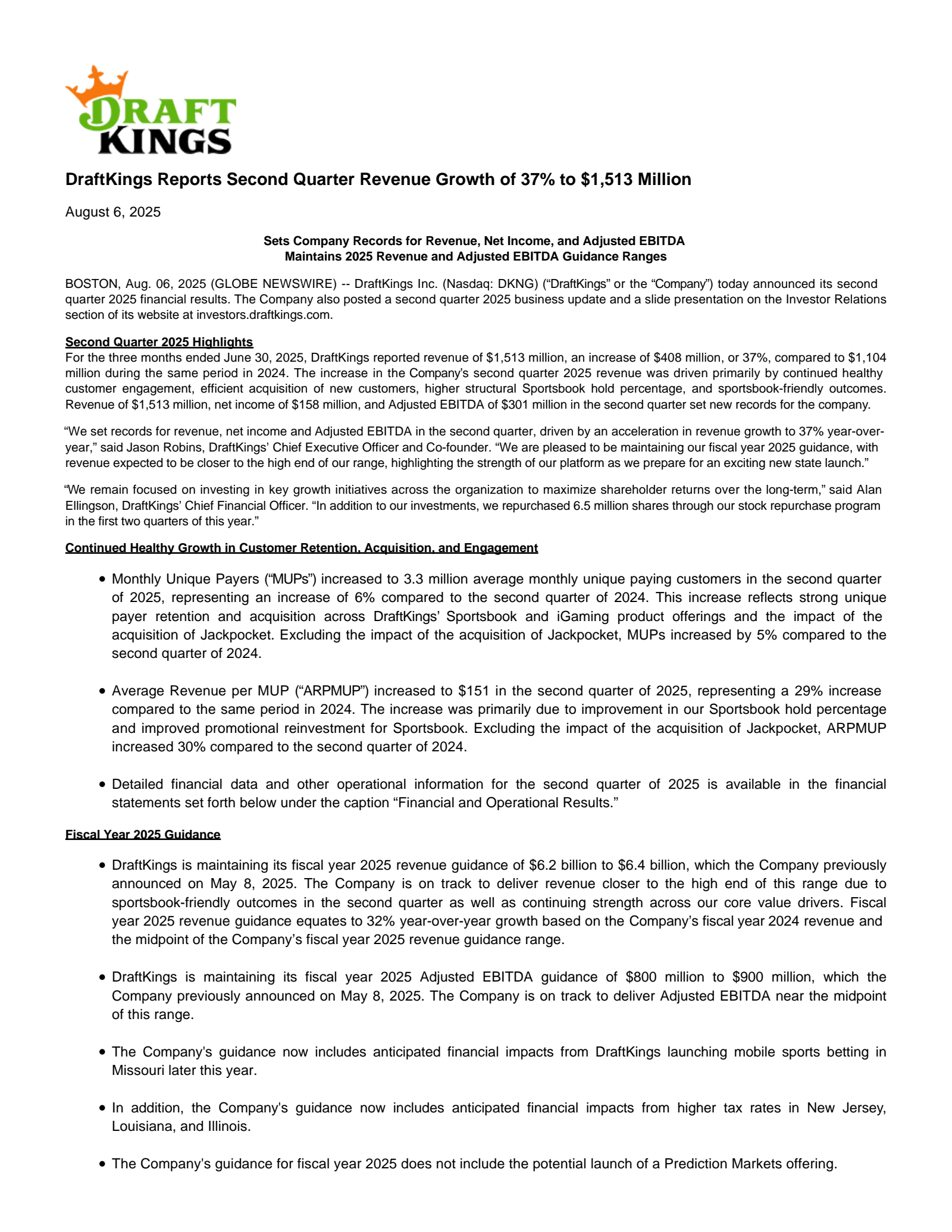 DraftKings' Q2 2025 Earnings Release
