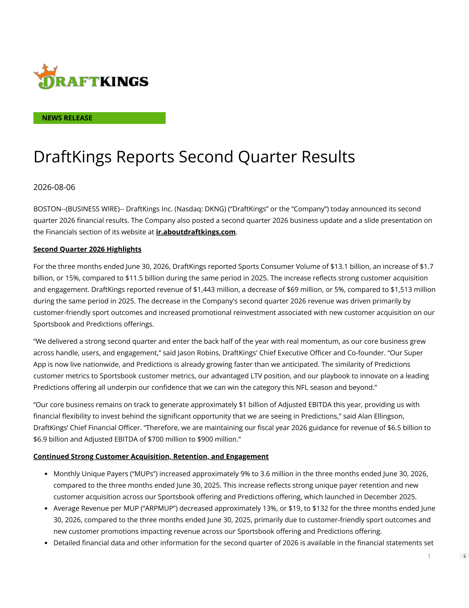 DraftKings' Q2 2026 Press Release