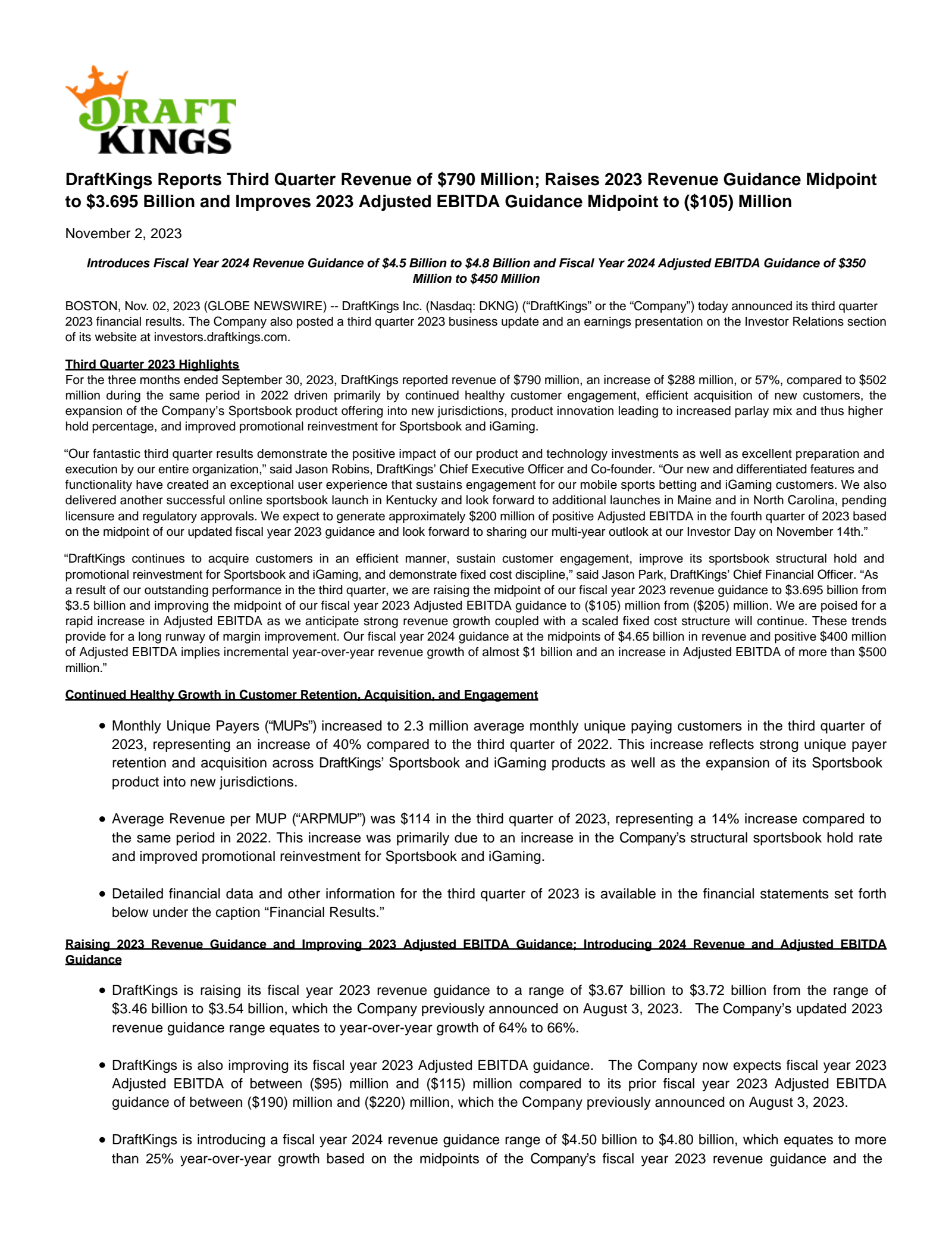DraftKings' Q3 2023 Earnings Release