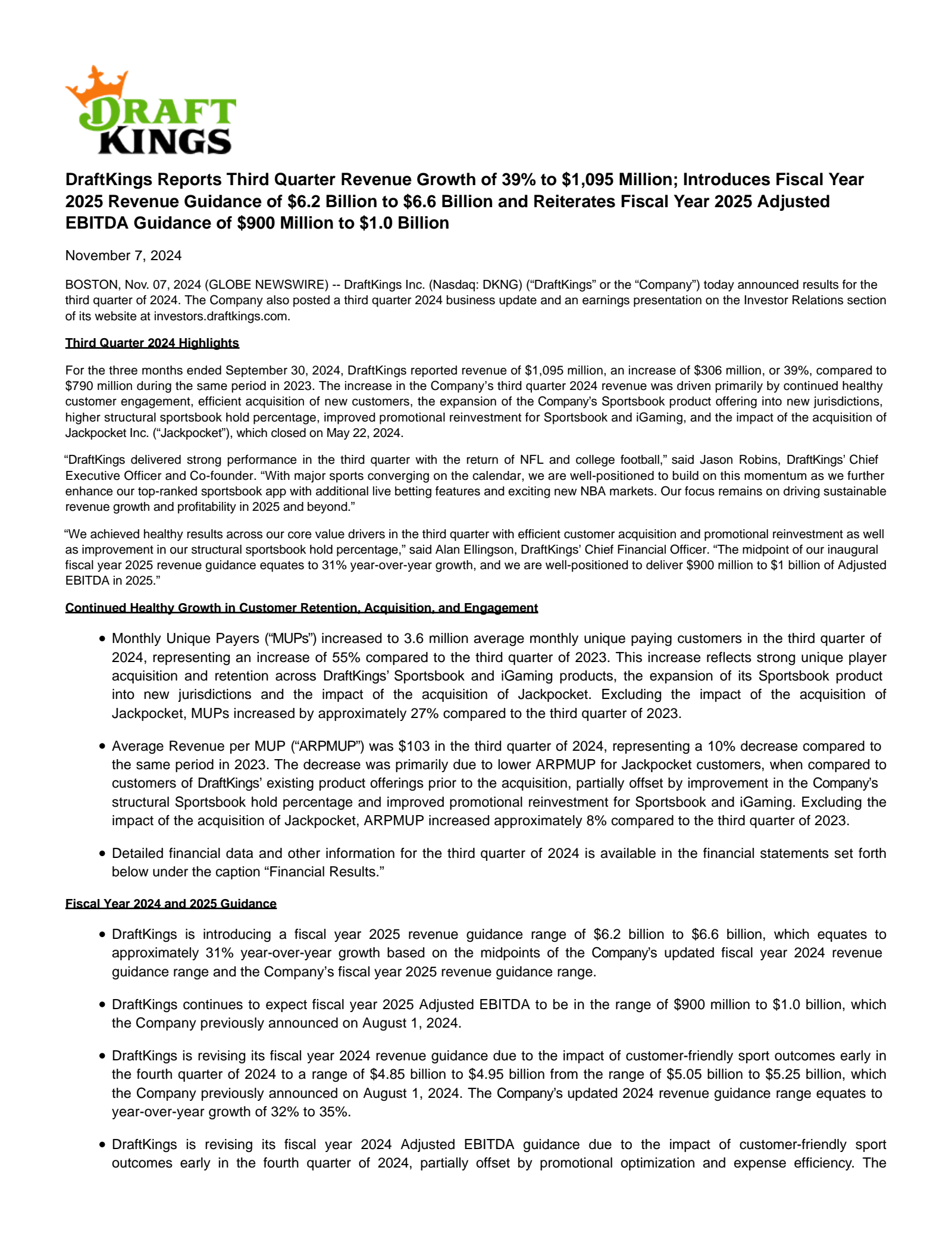 DraftKings' Q3 2024 Earnings Release