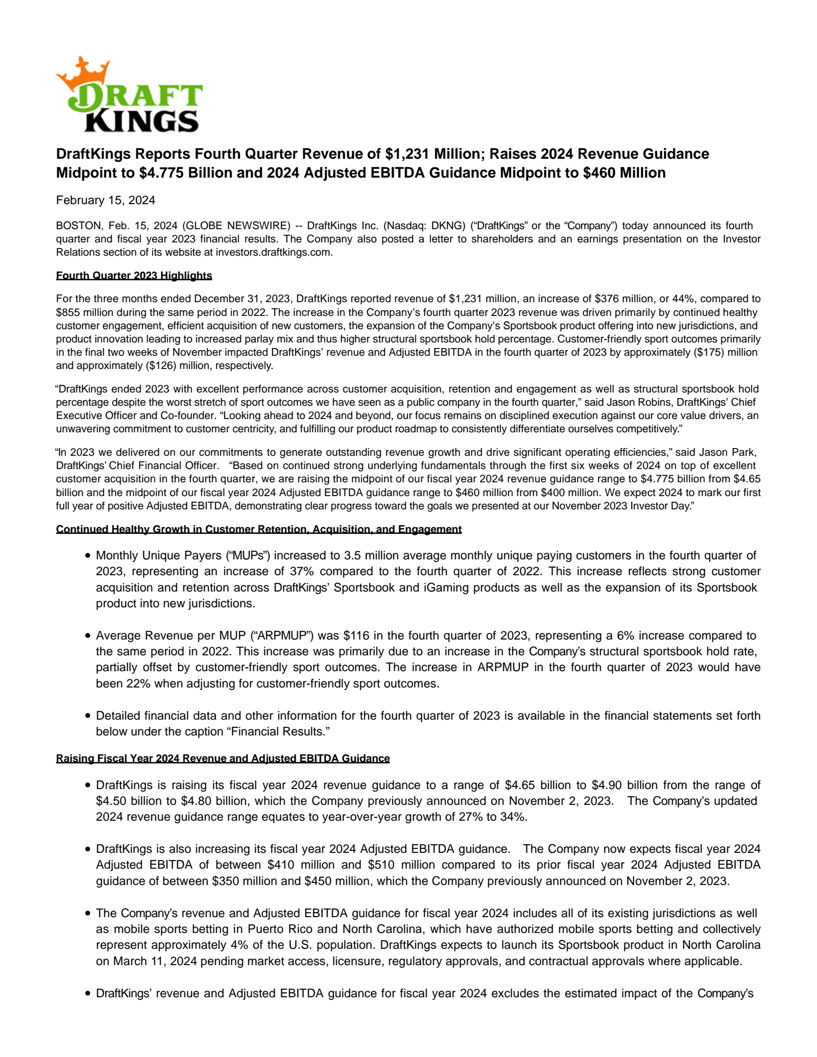 DraftKings' Q4 2023 Earnings Release