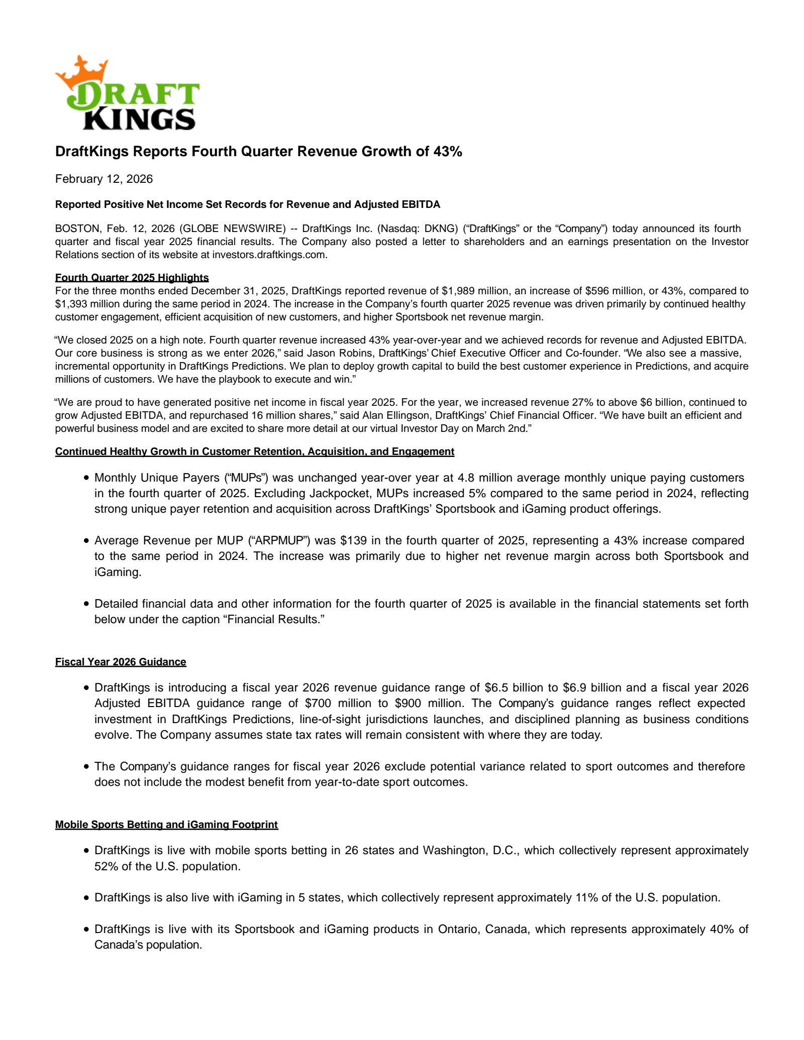 DraftKings' Q4 2025 Press Release