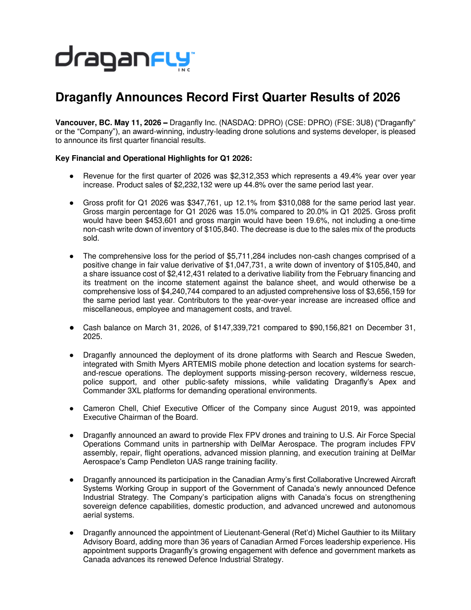 Draganfly's Q1 2026 Press Release