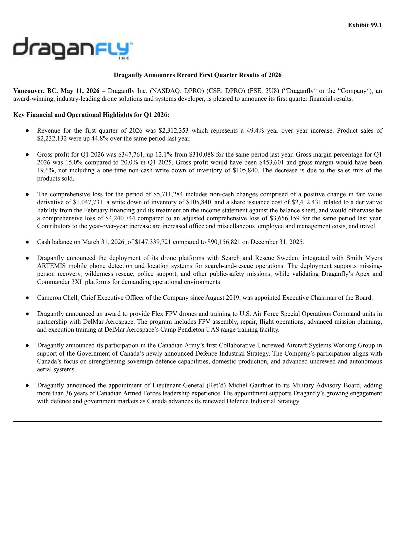 Draganfly's Q1 2026 Press Release