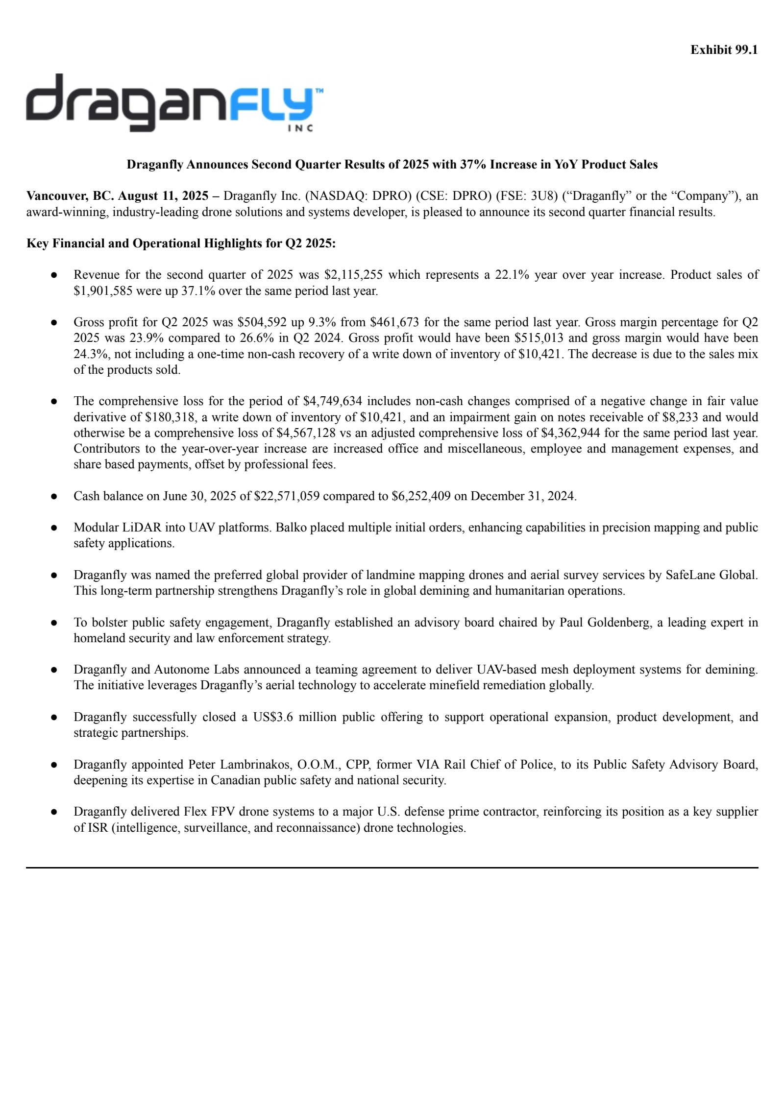 Draganfly's Q2 2025 Press Release
