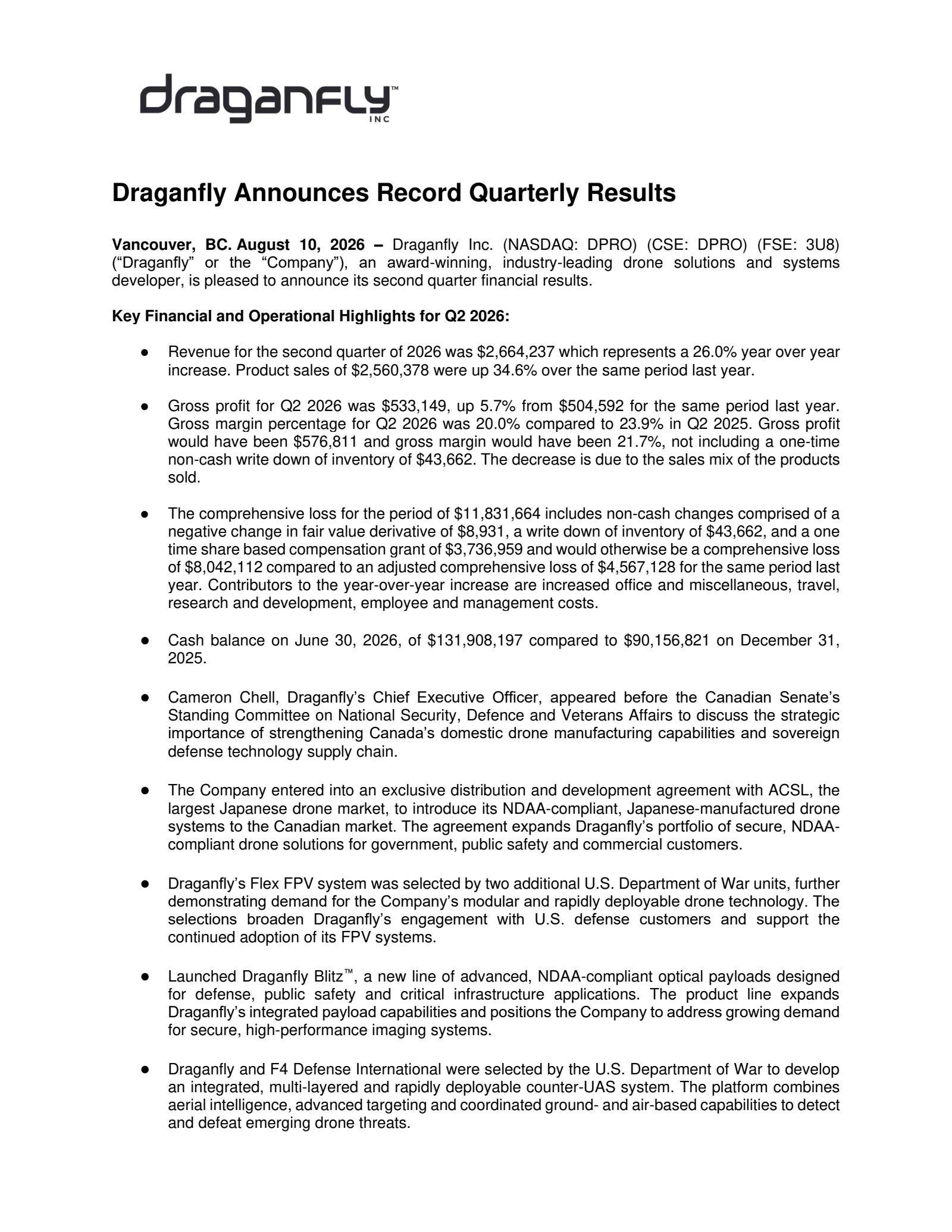 Draganfly's Q2 2026 Press Release