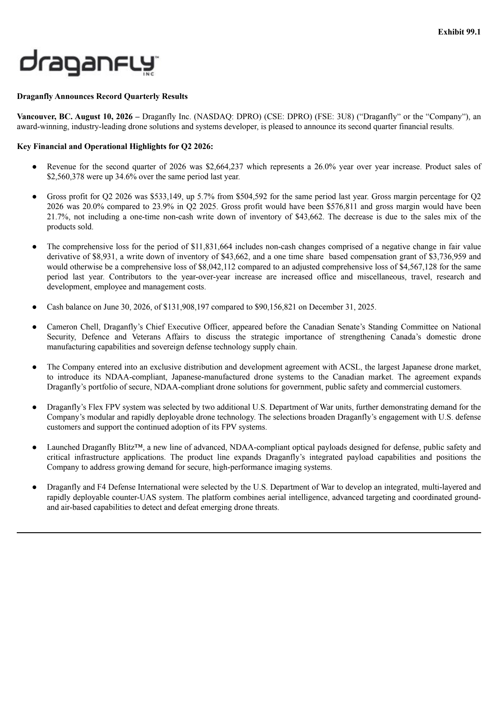 Draganfly's Q2 2026 Press Release