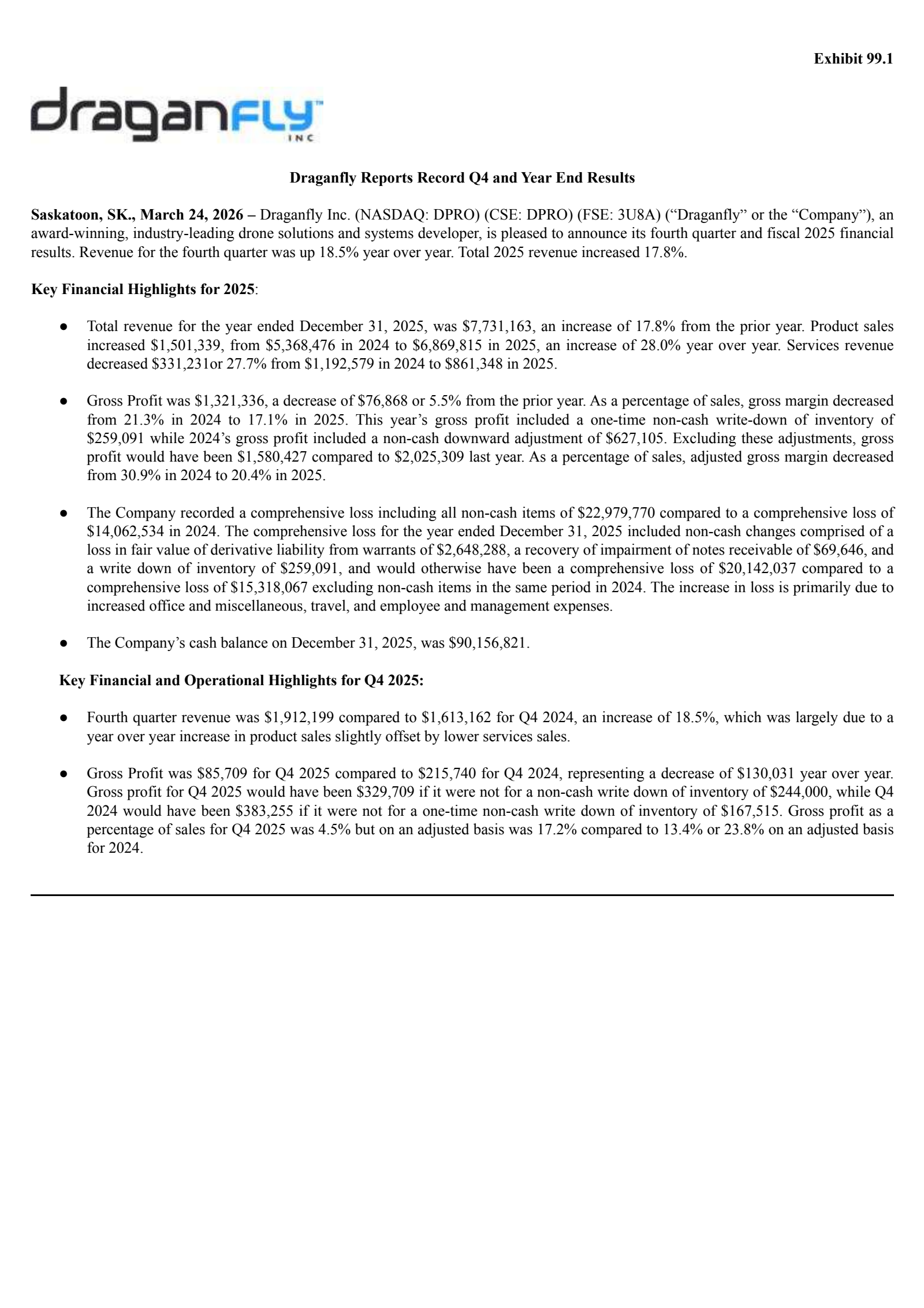Draganfly's Q4 2025 Press Release