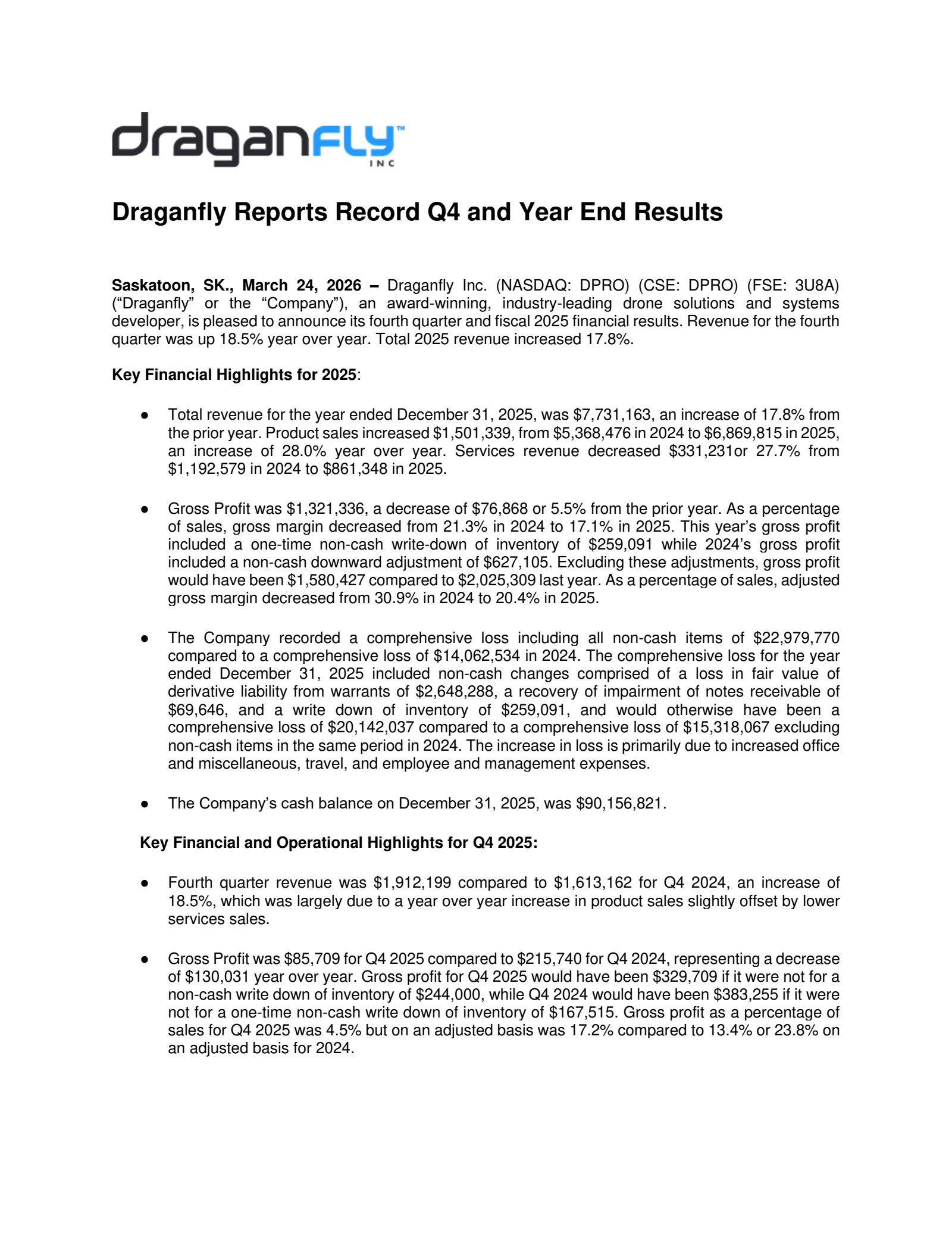 Draganfly's Q4 2025 Press Release