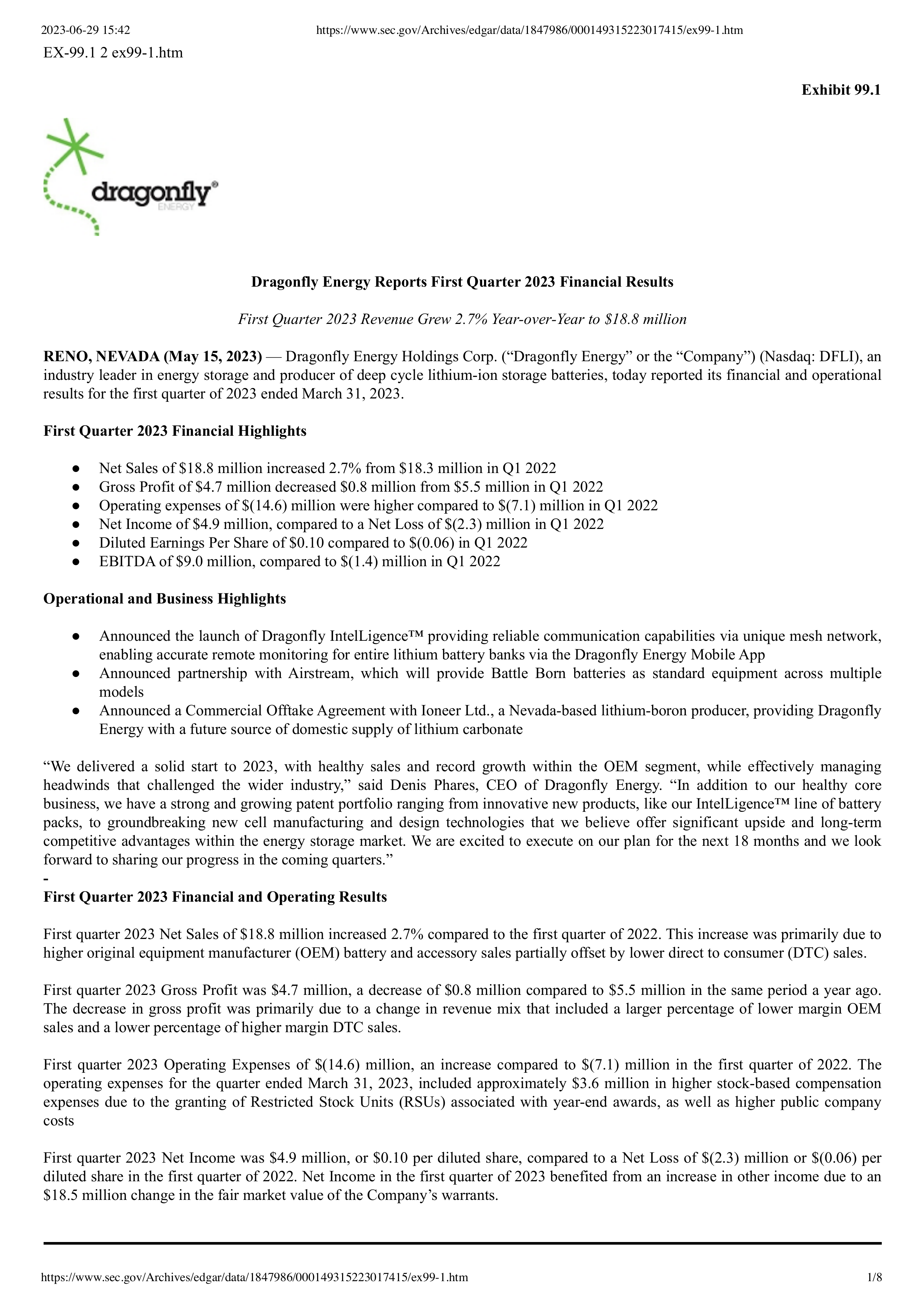 Dragonfly Energy's Q1 2023 Press Release