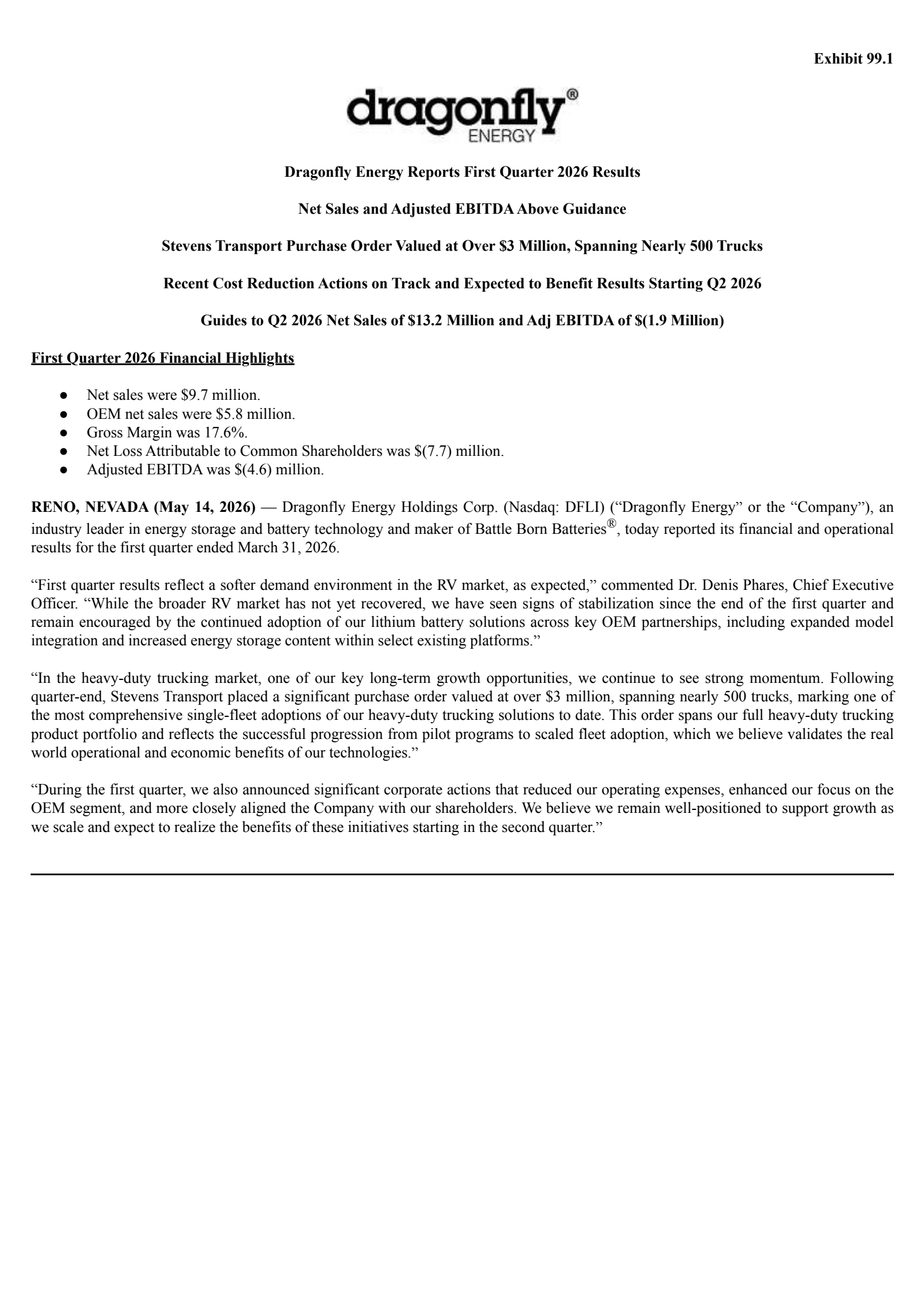 Dragonfly Energy's Q1 2026 Press Release